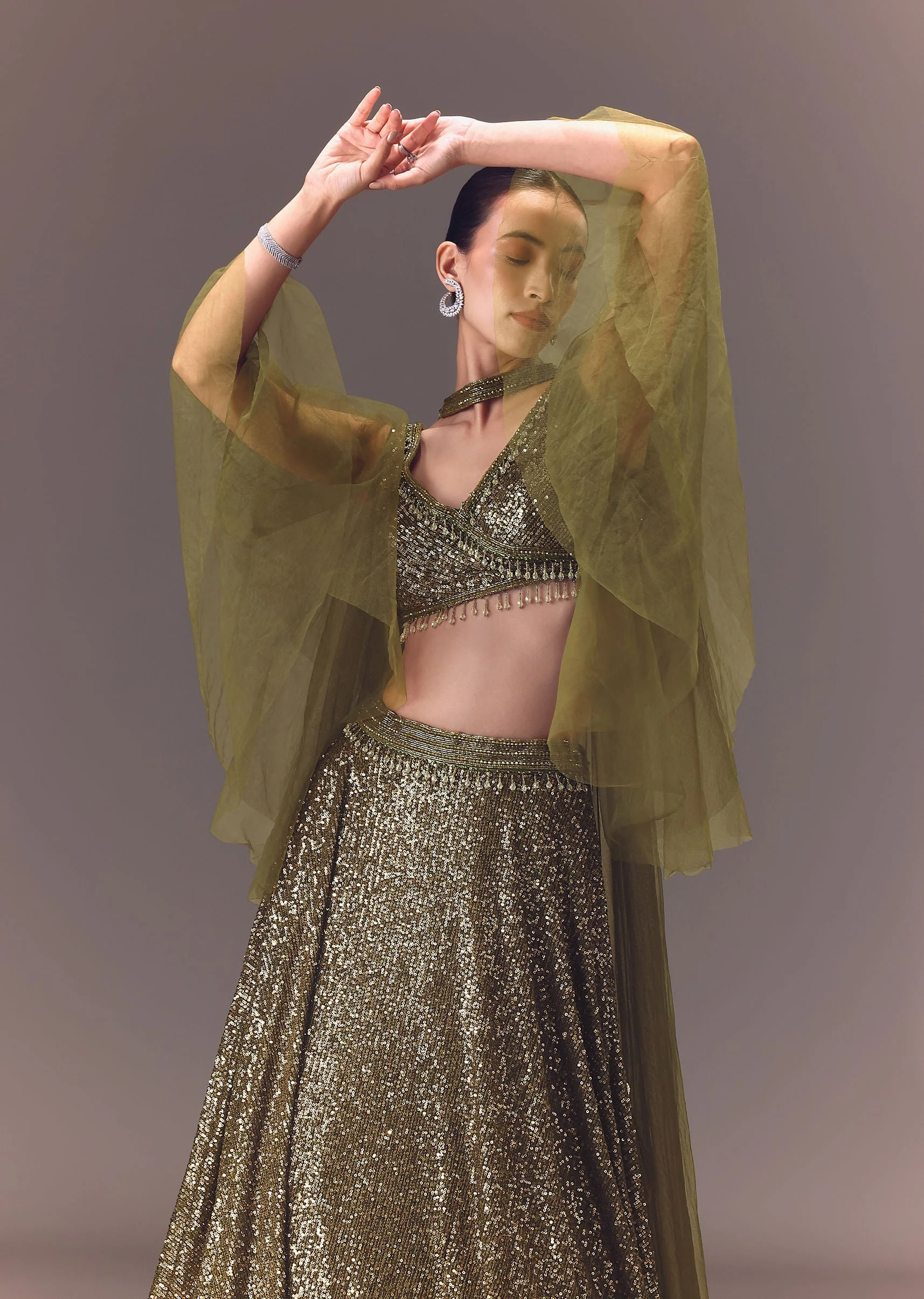Green Sequin Frill Blouse With Lehenga And Choker Dupatta - Image 4