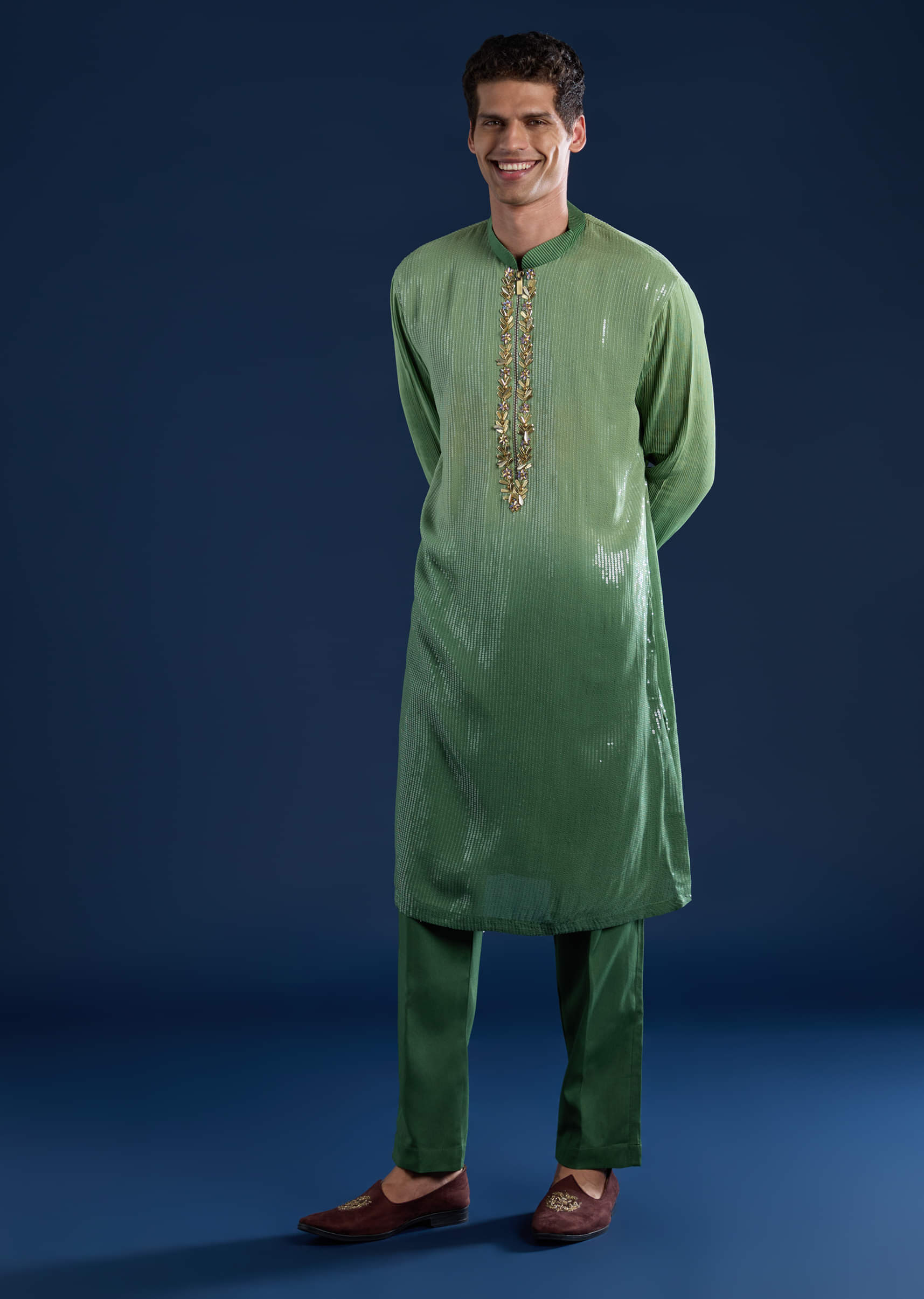 Green Sequin Work Mens Kurta and Pant Set - Image 2
