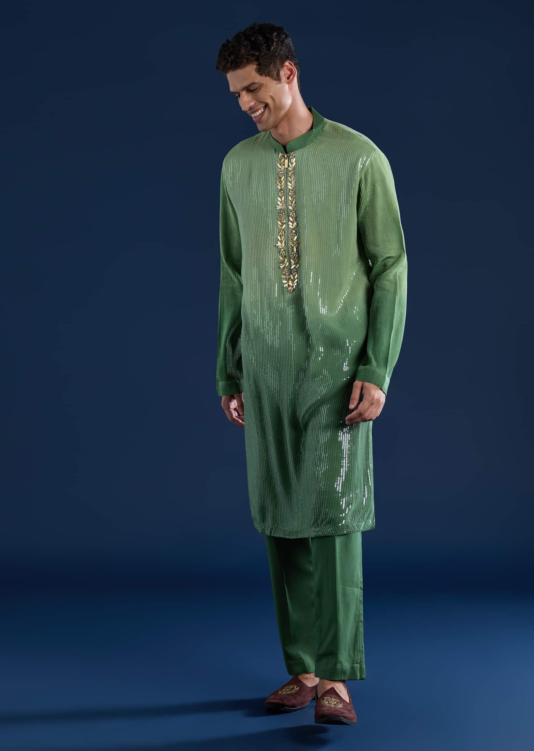 Green Sequin Work Mens Kurta and Pant Set - Image 3