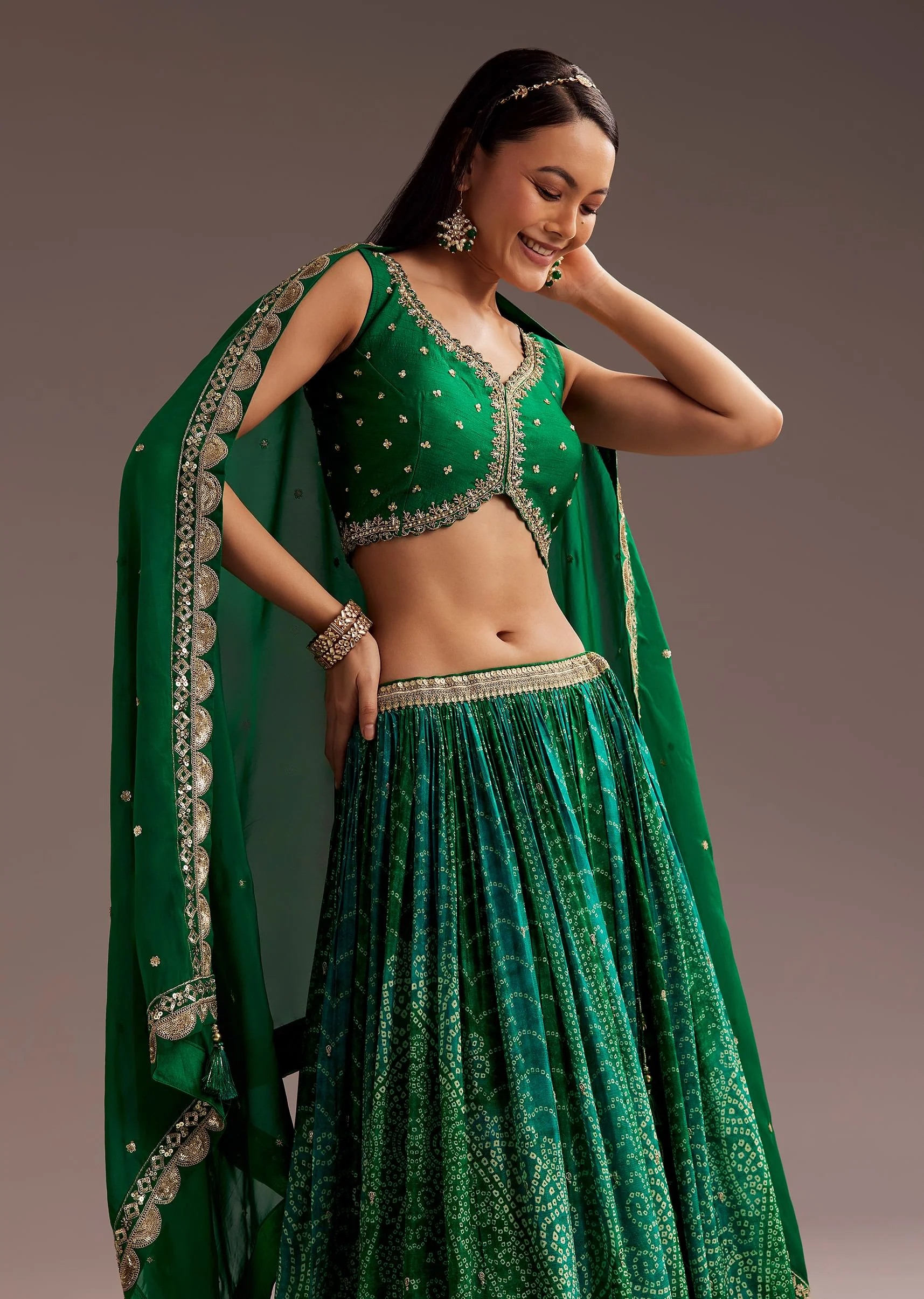 Green Sequins Bandhani Lehenga Dupatta Set - Image 4