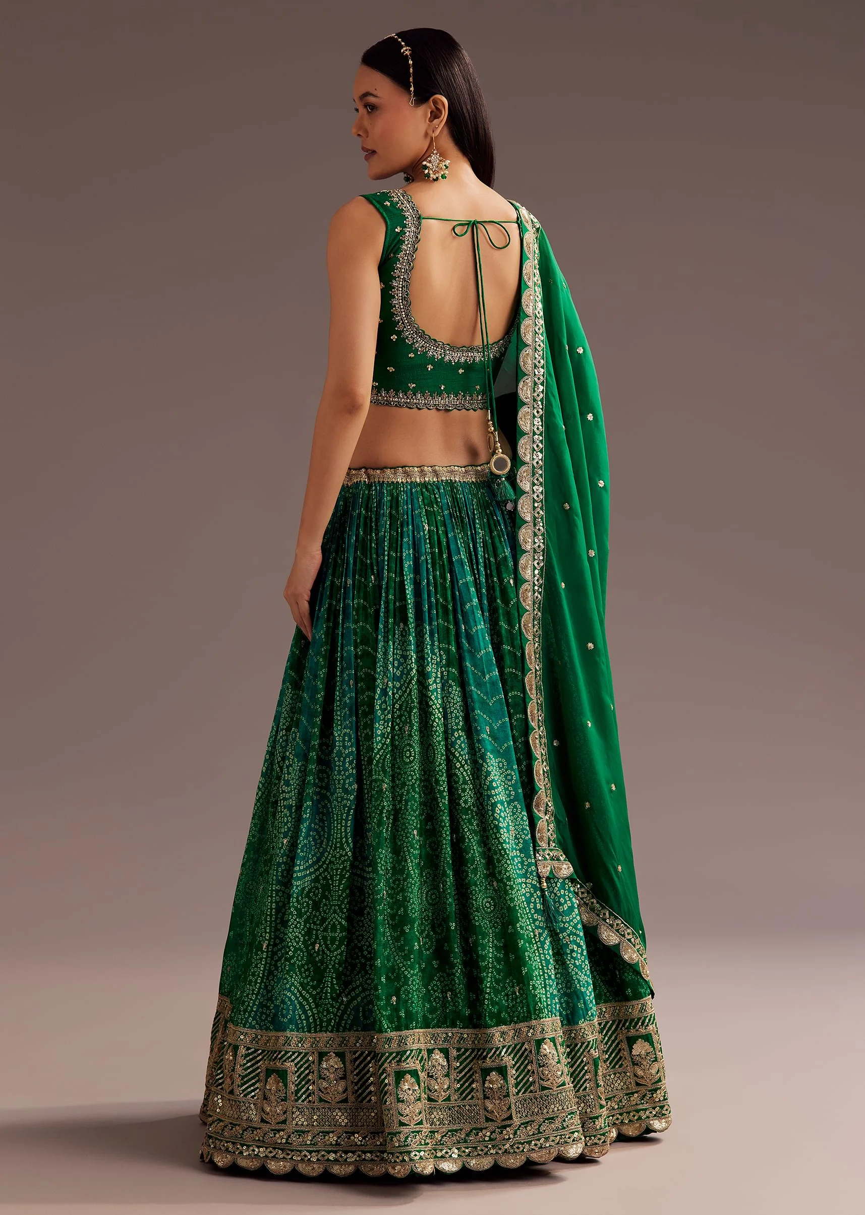 Green Sequins Bandhani Lehenga Dupatta Set - Image 5