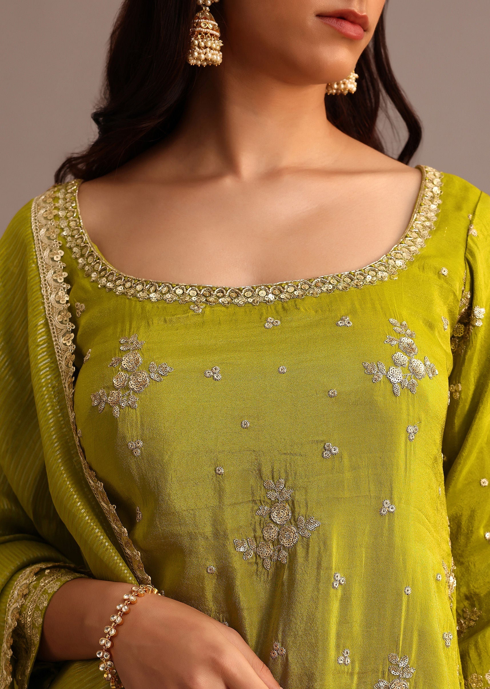 Green Sequins Kurti Sharara With Chanderi Banarasi Dupatta - Image 2