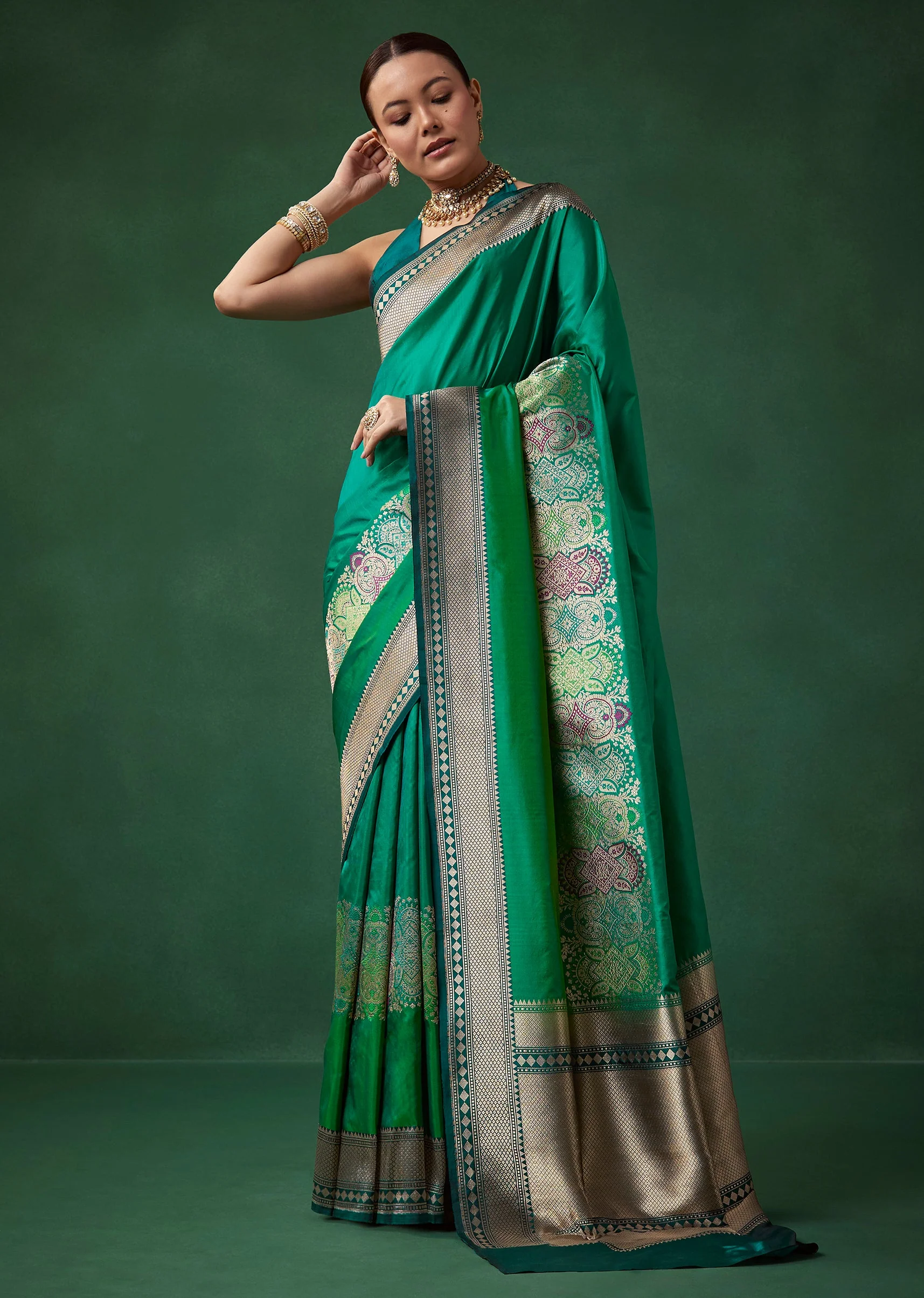 Green Shaded Banarasi Silk Saree with Unstitched Blouse - Image 3