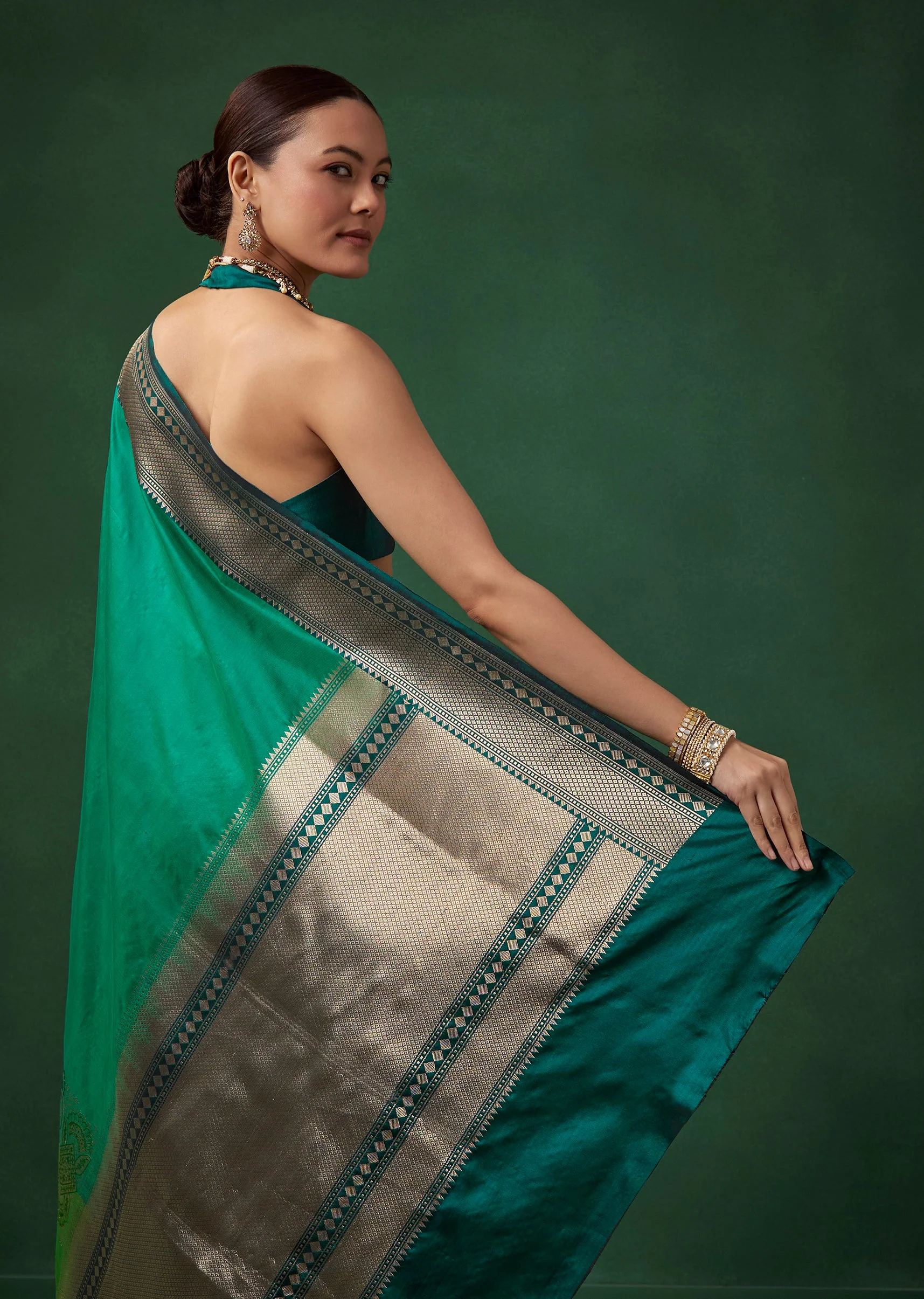 Green Shaded Banarasi Silk Saree with Unstitched Blouse - Image 6