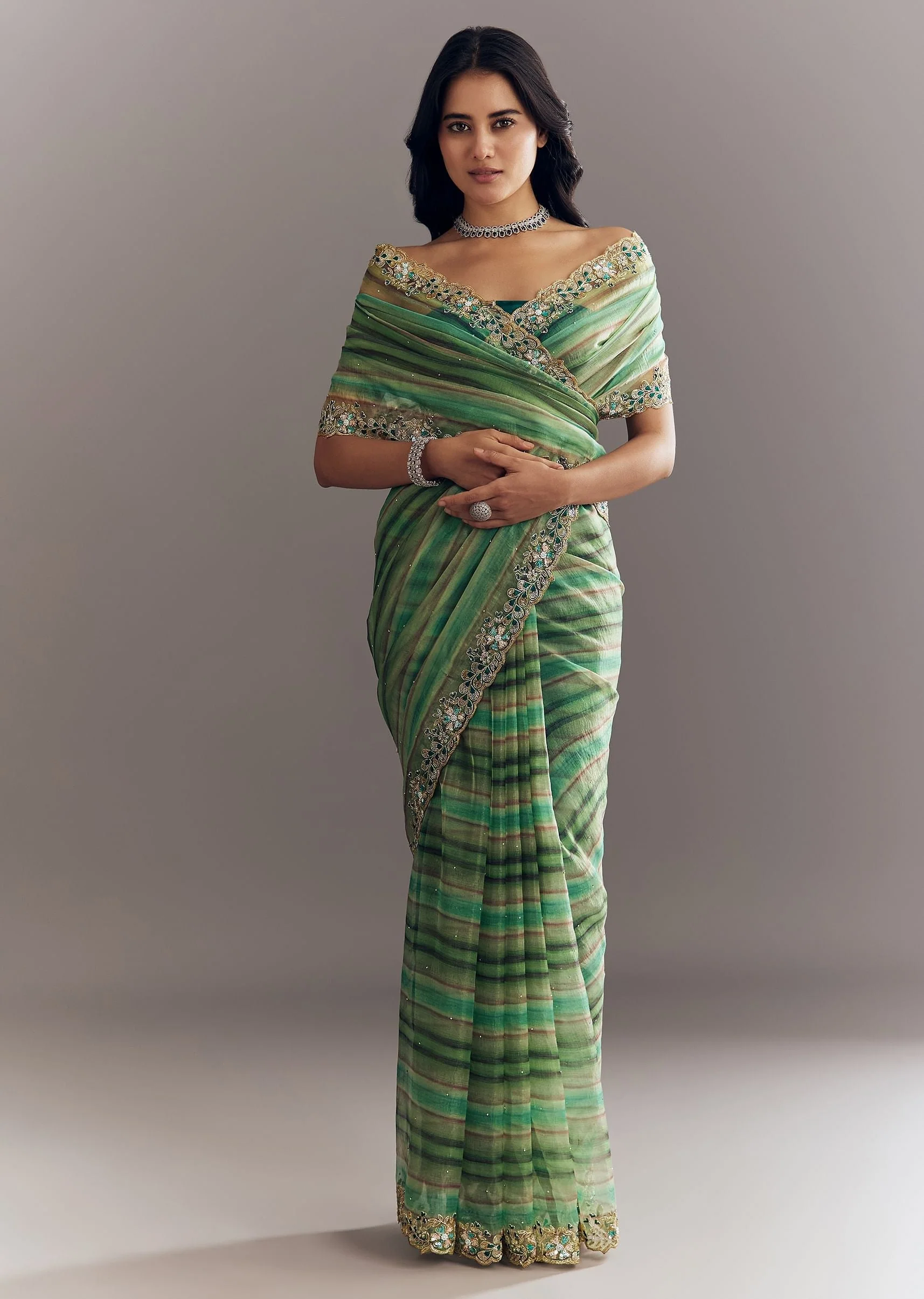 Green Shaded Tissue Saree With Cutdana Sequins And Beads Embroidery And Scallop Border