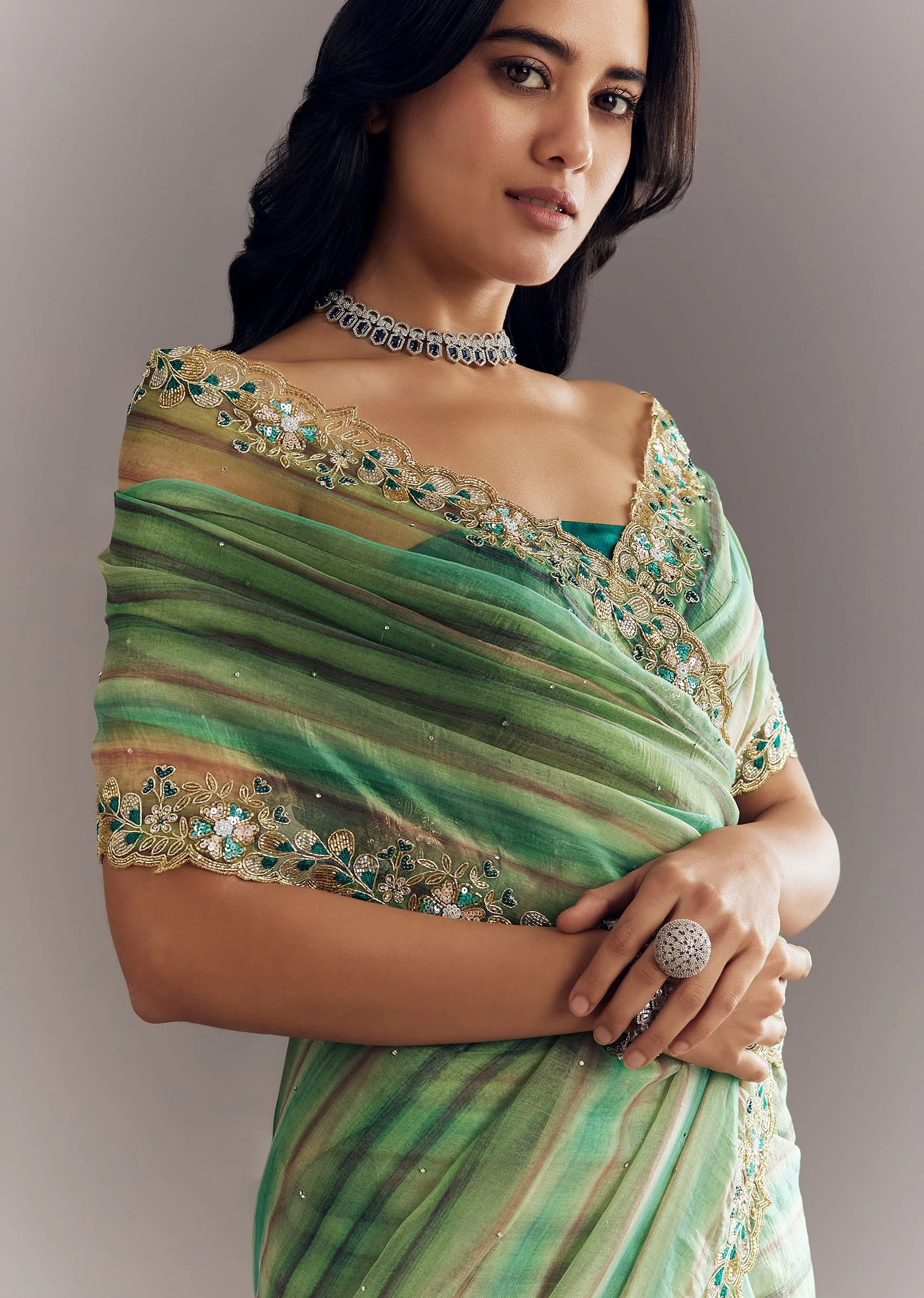 Green Shaded Tissue Saree With Cutdana Sequins And Beads Embroidery And Scallop Border - Image 2