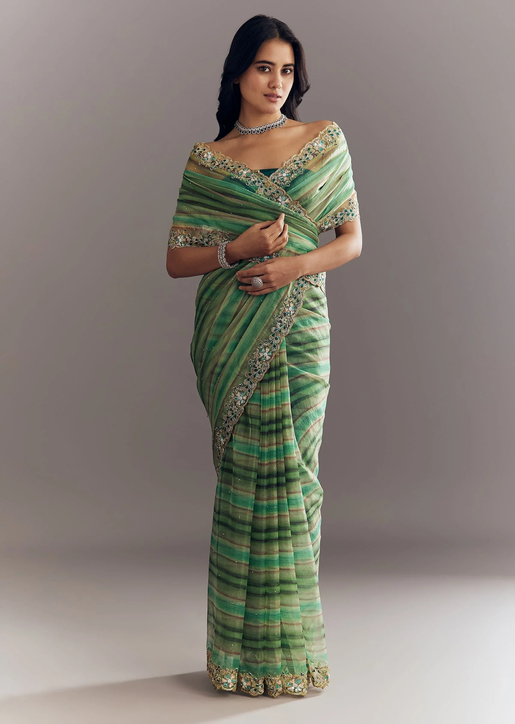 Green Shaded Tissue Saree With Cutdana Sequins And Beads Embroidery And Scallop Border - Image 3
