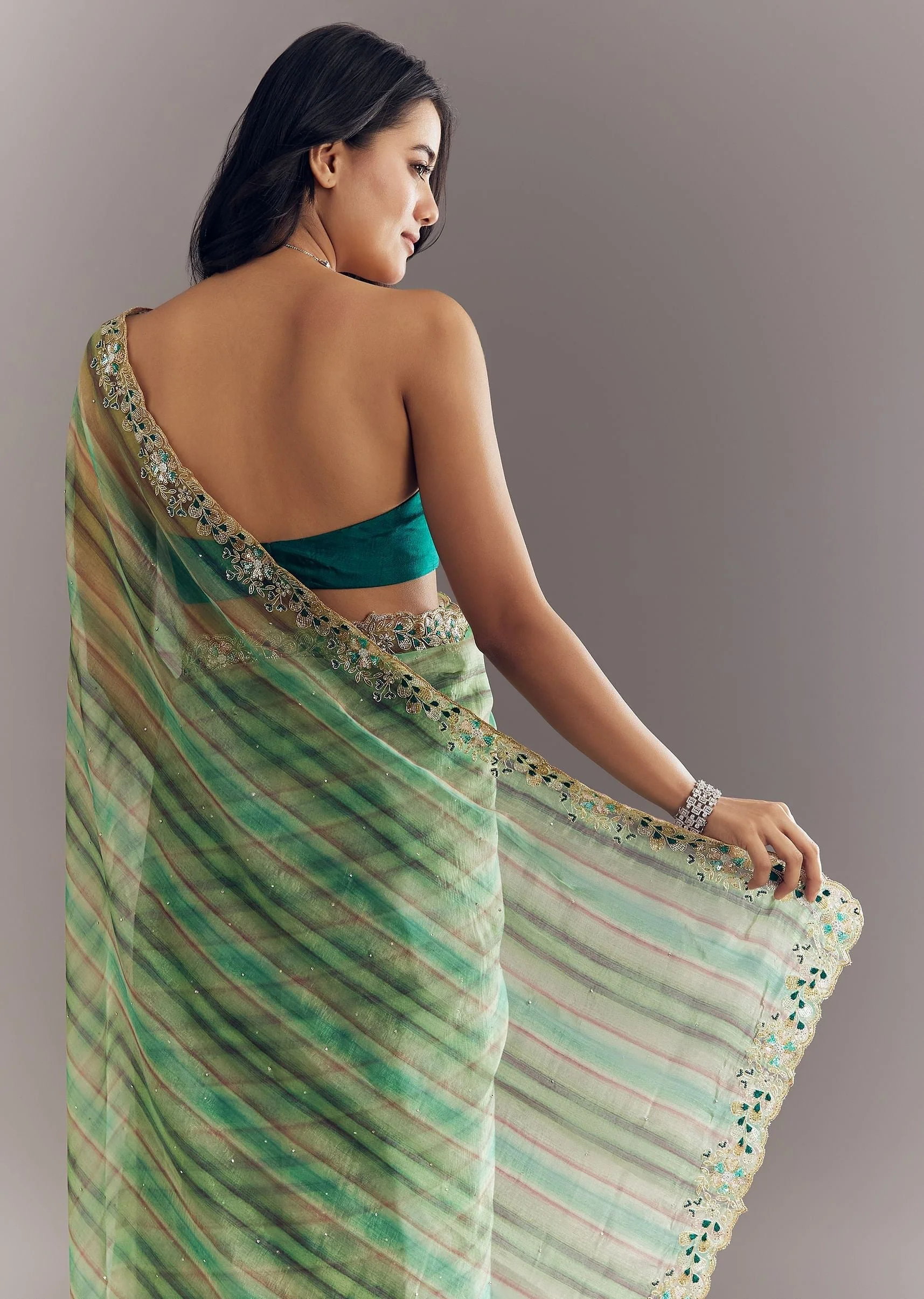 Green Shaded Tissue Saree With Cutdana Sequins And Beads Embroidery And Scallop Border - Image 6