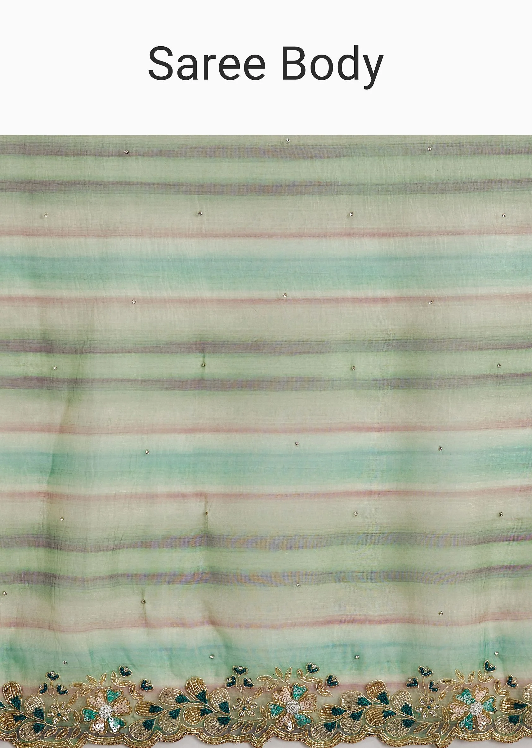 Green Shaded Tissue Saree With Cutdana Sequins And Beads Embroidery And Scallop Border - Image 9