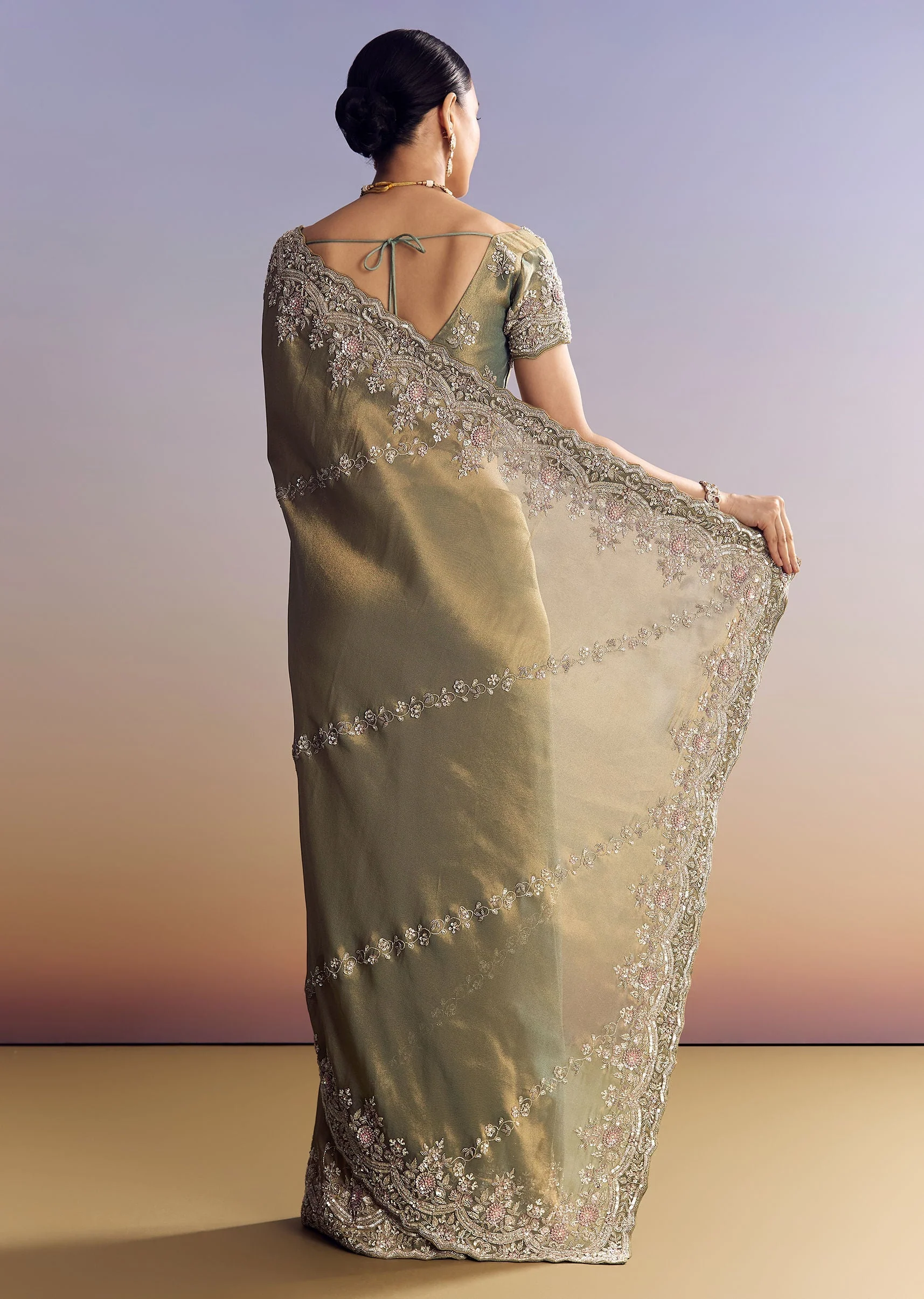 Green Shaded Tissue Saree With Embroidered Borders - Image 6