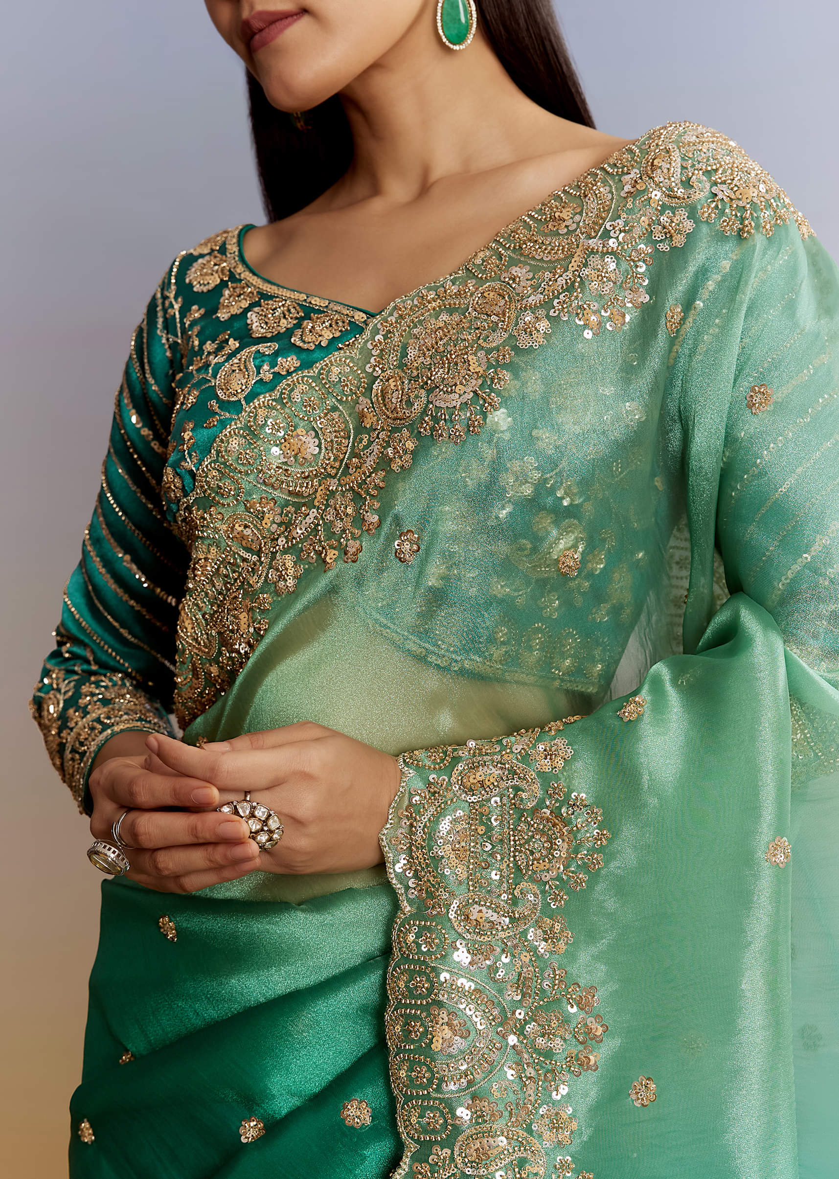 Green Shaded Tissue Saree With Floral Embroidery And Sequins Blouse - Image 2