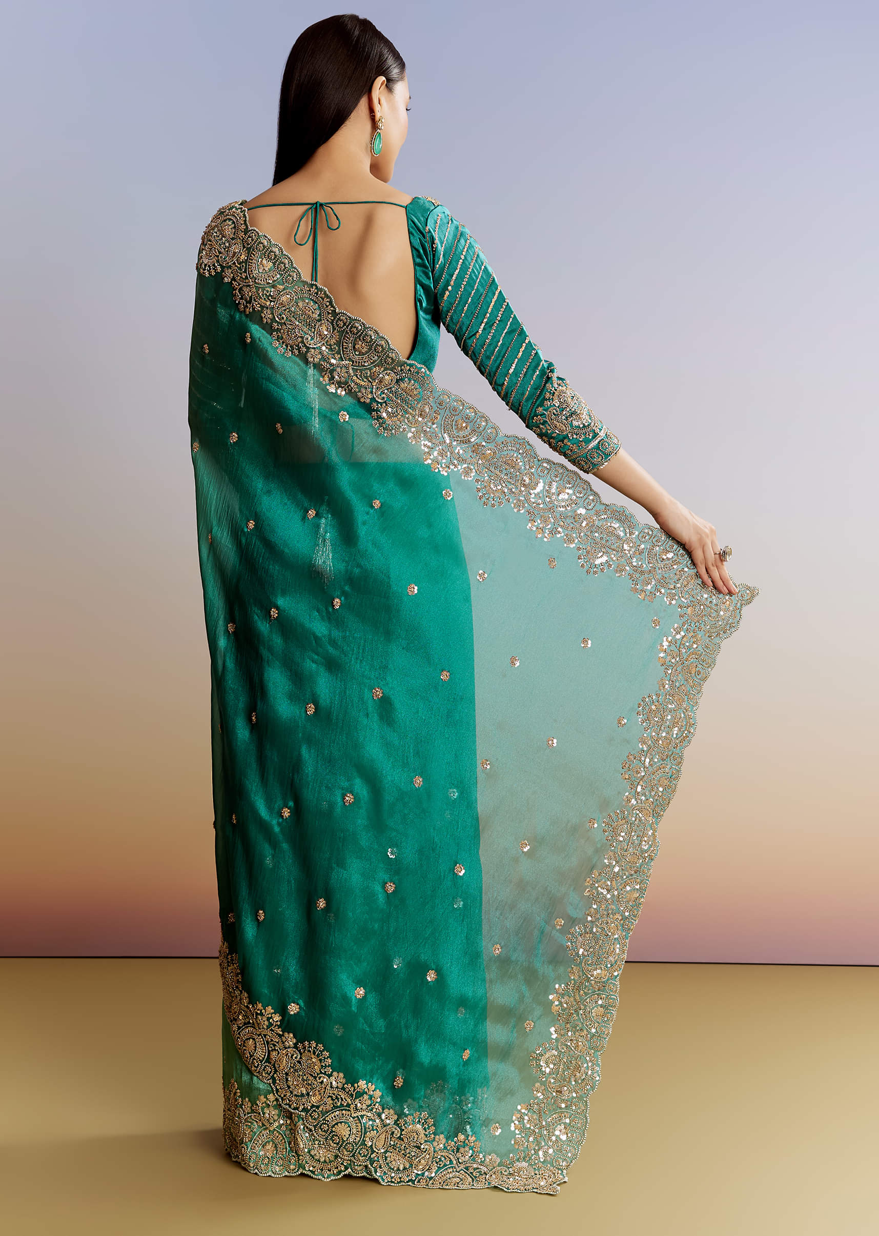 Green Shaded Tissue Saree With Floral Embroidery And Sequins Blouse - Image 4