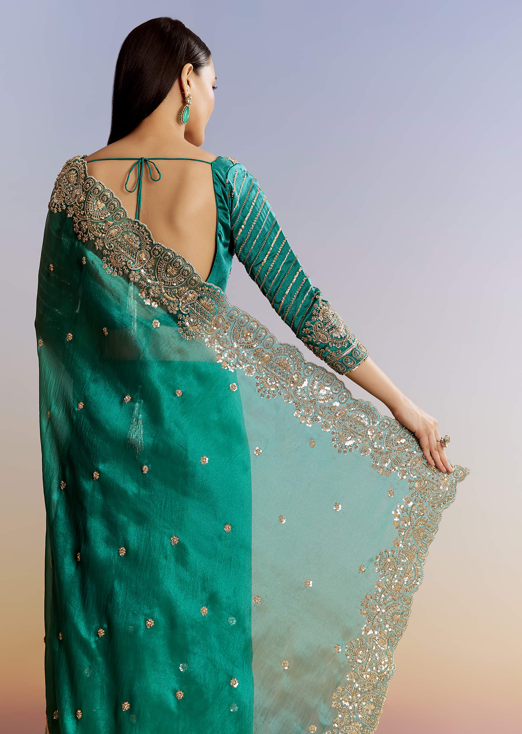 Green Shaded Tissue Saree With Floral Embroidery And Sequins Blouse - Image 6