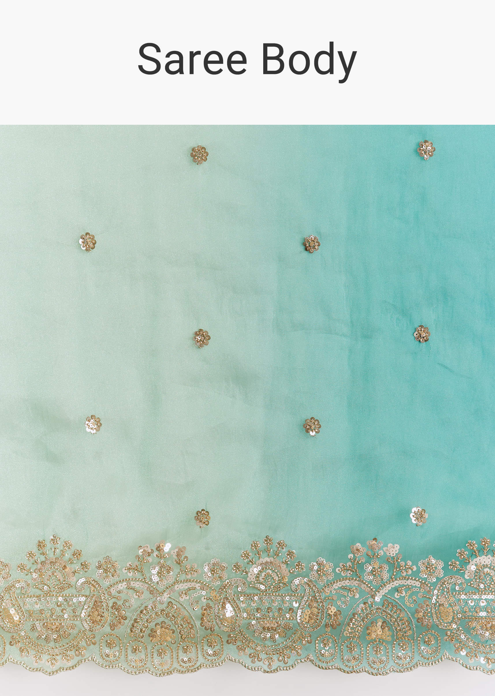 Green Shaded Tissue Saree With Floral Embroidery And Sequins Blouse - Image 9