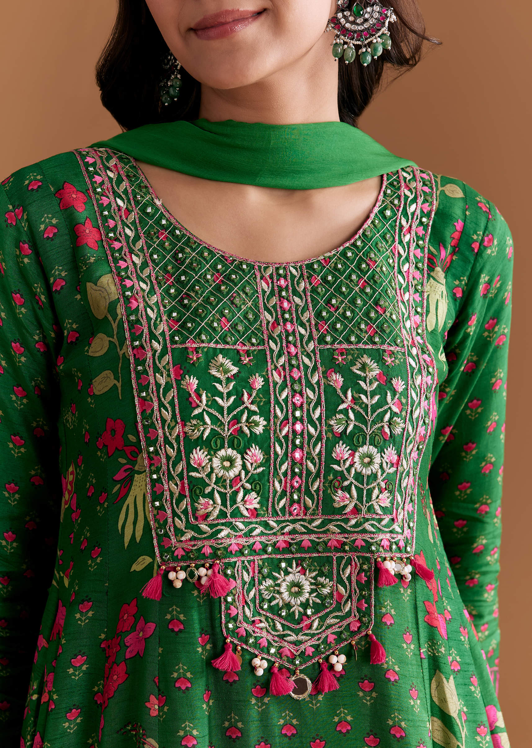 Green Silk Anarkali Suit With Floral Print And Hand Embroidery - Image 2