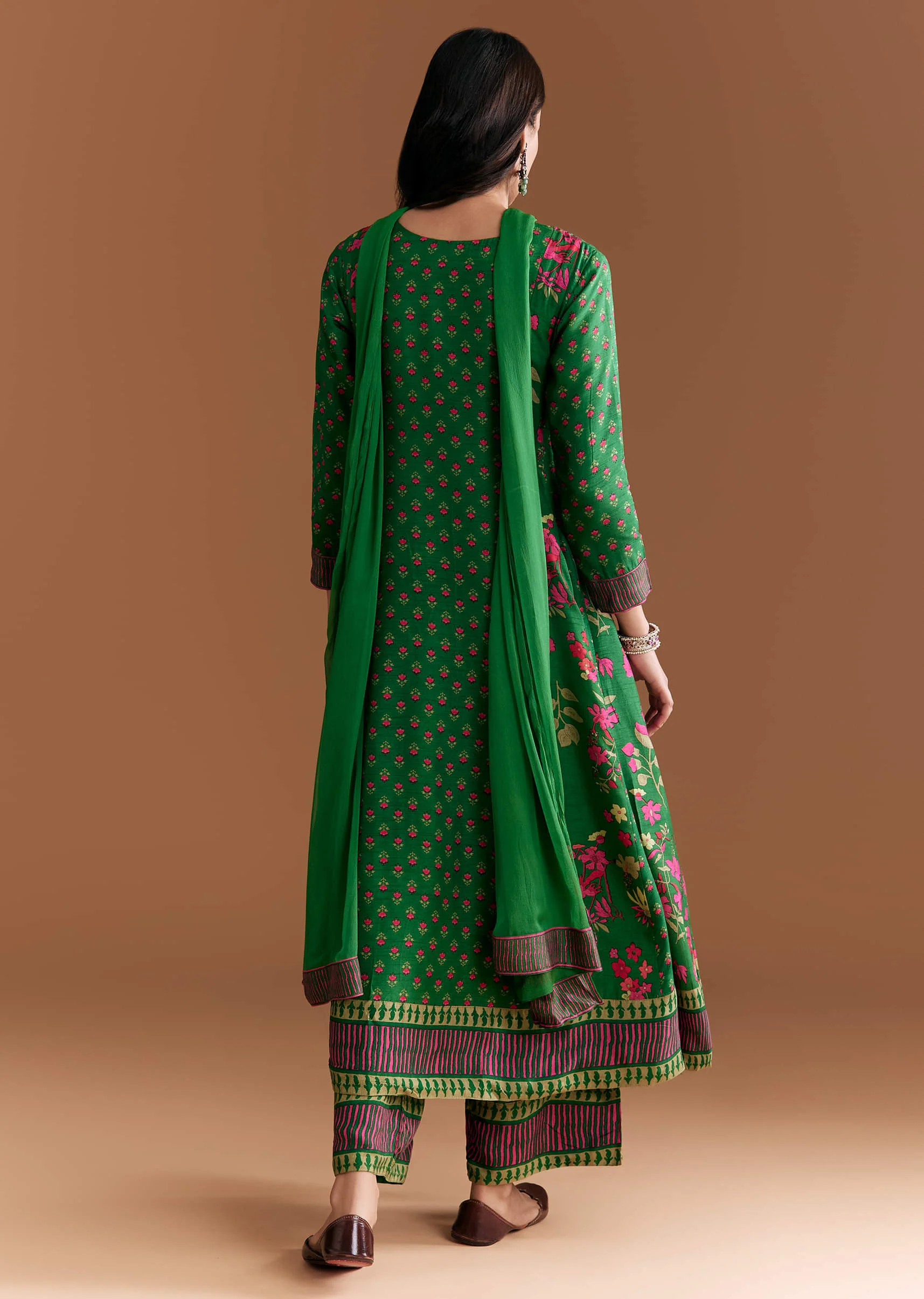 Green Silk Anarkali Suit With Floral Print And Hand Embroidery - Image 5