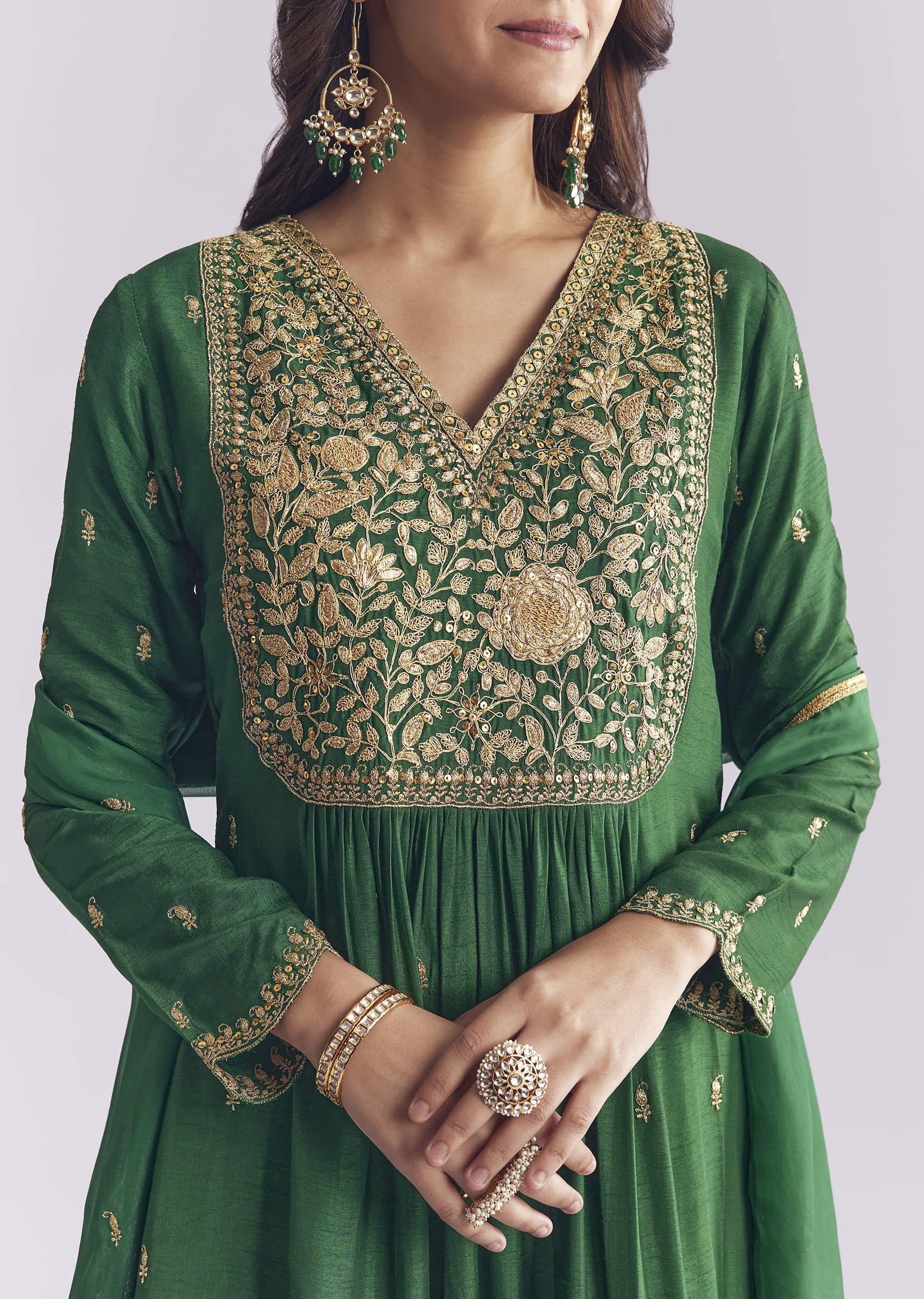Green Silk Anarkali Suit With Zari Thread Work - Image 2