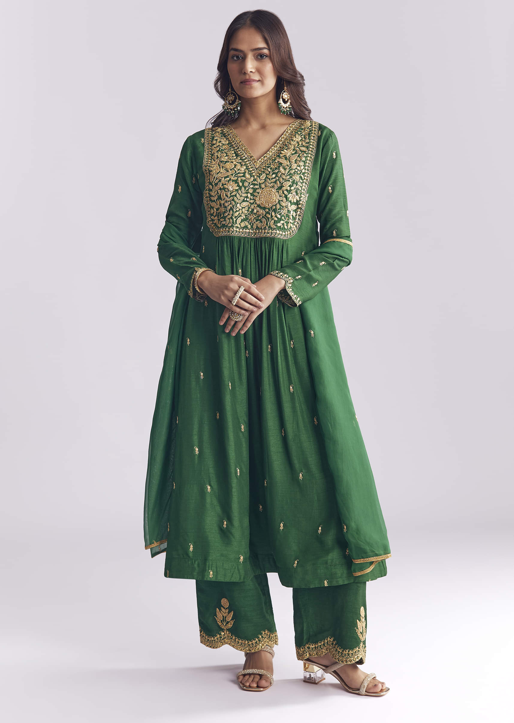 Green Silk Anarkali Suit With Zari Thread Work - Image 3