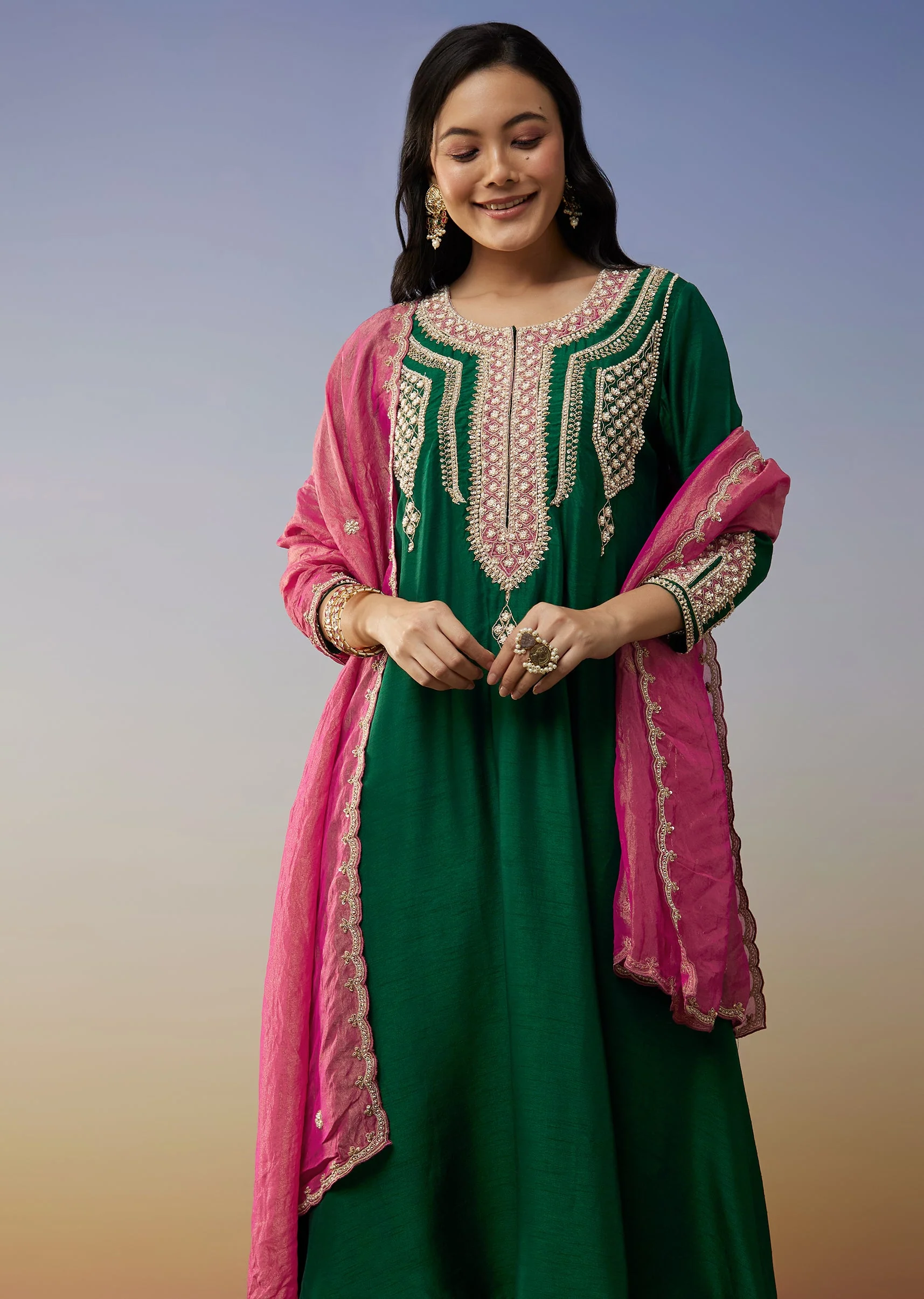 Green Silk Anarkali Suits with Moti and Sequins Work - Image 4