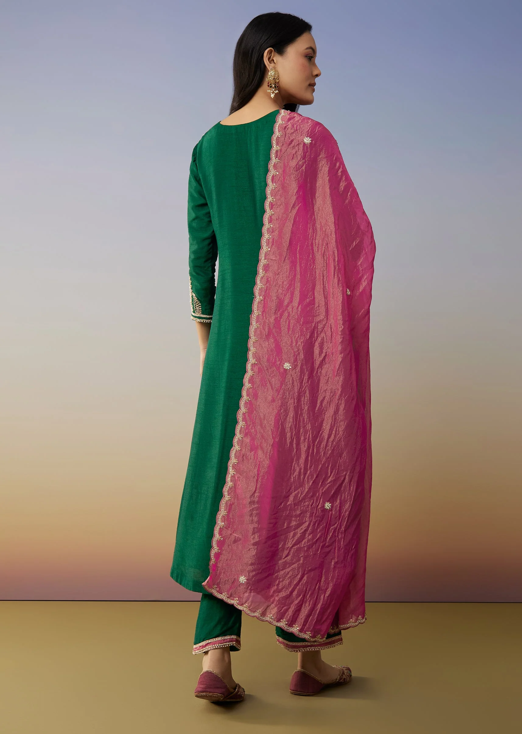 Green Silk Anarkali Suits with Moti and Sequins Work - Image 5