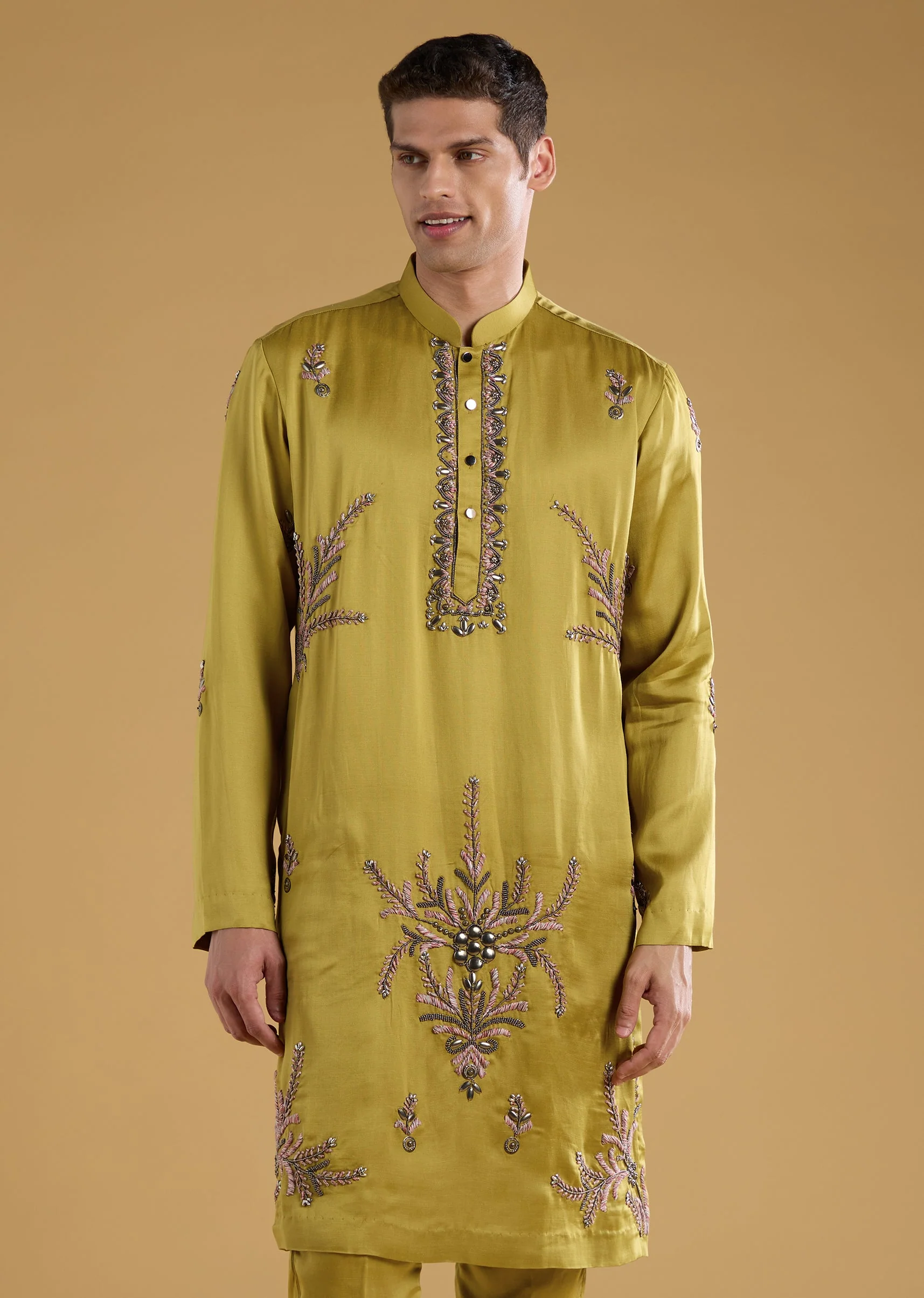Green Silk Bead Work Men's Kurta Set with Dupatta - Image 6