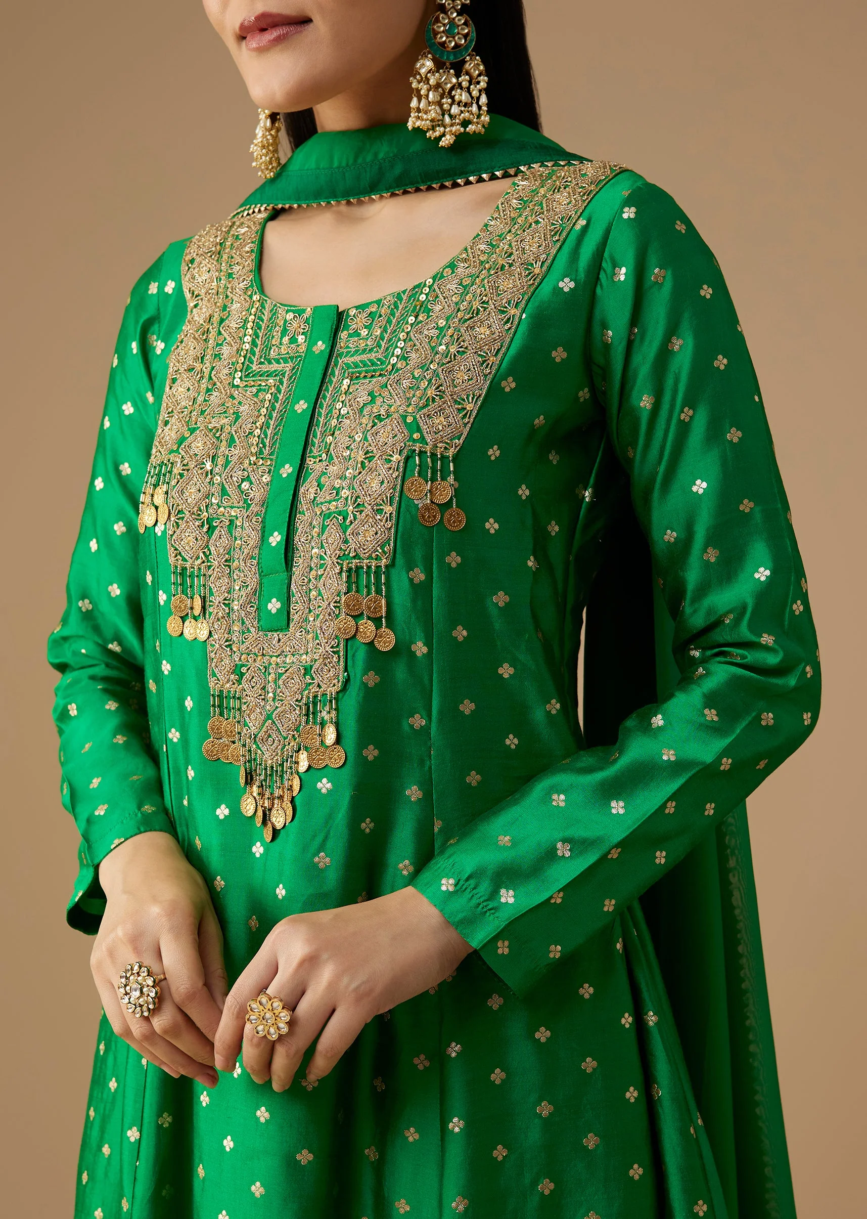 Green Silk Butti Work Anarkali Set - Image 2