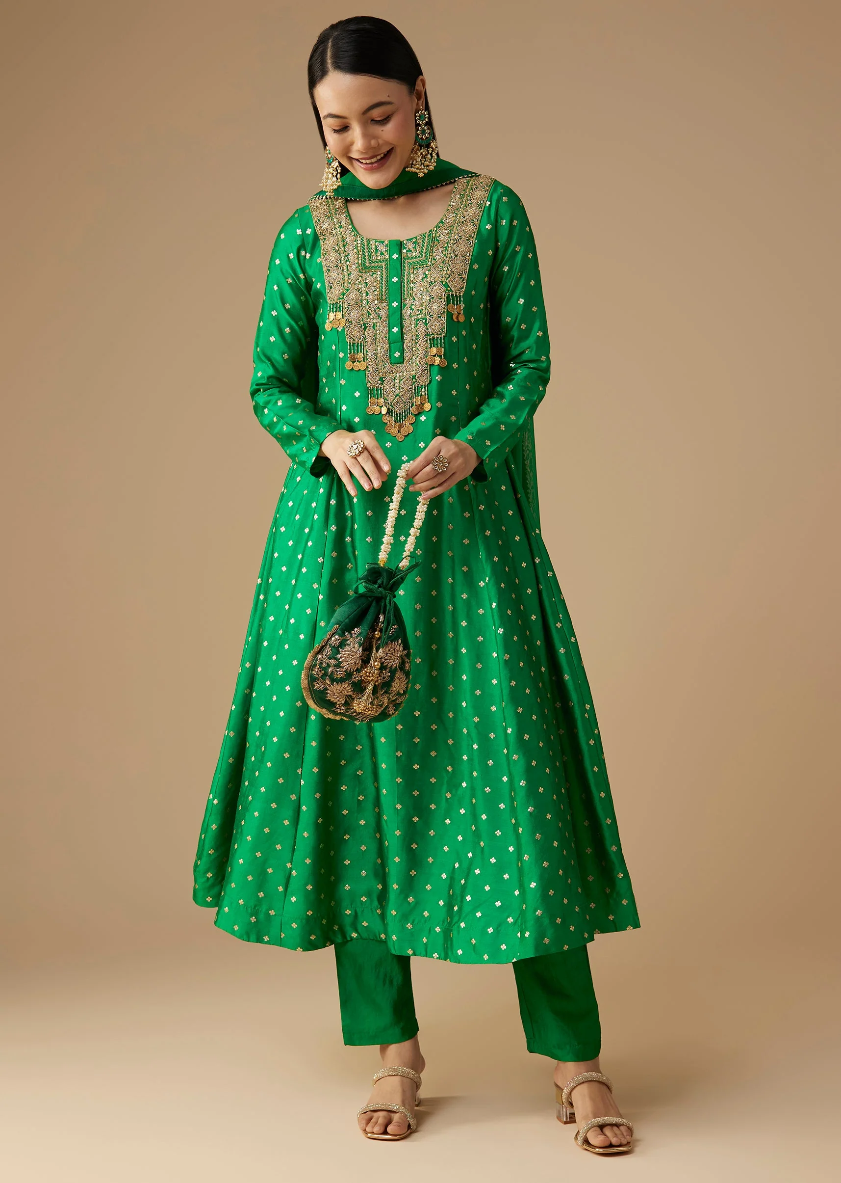 Green Silk Butti Work Anarkali Set - Image 3