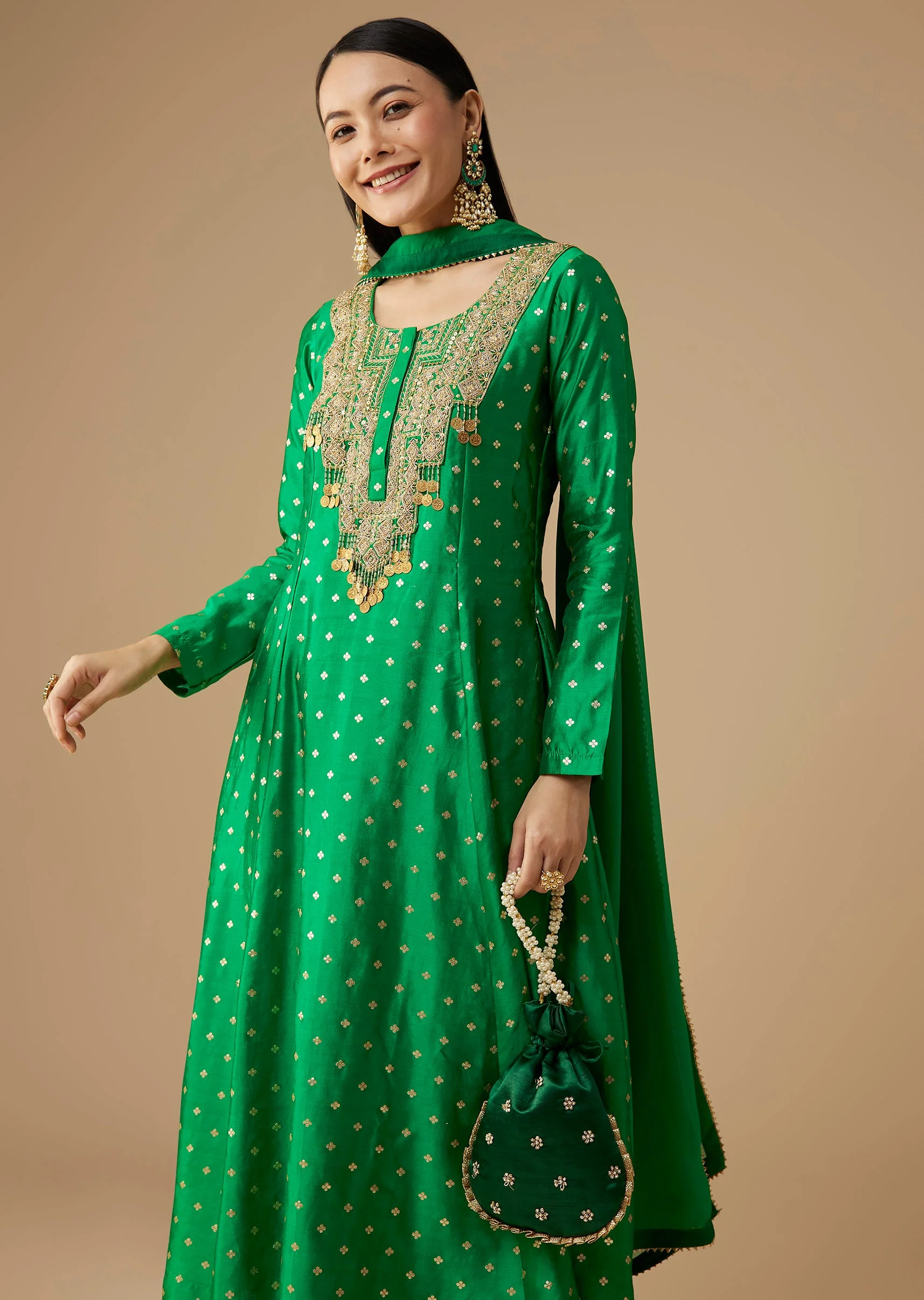 Green Silk Butti Work Anarkali Set - Image 4