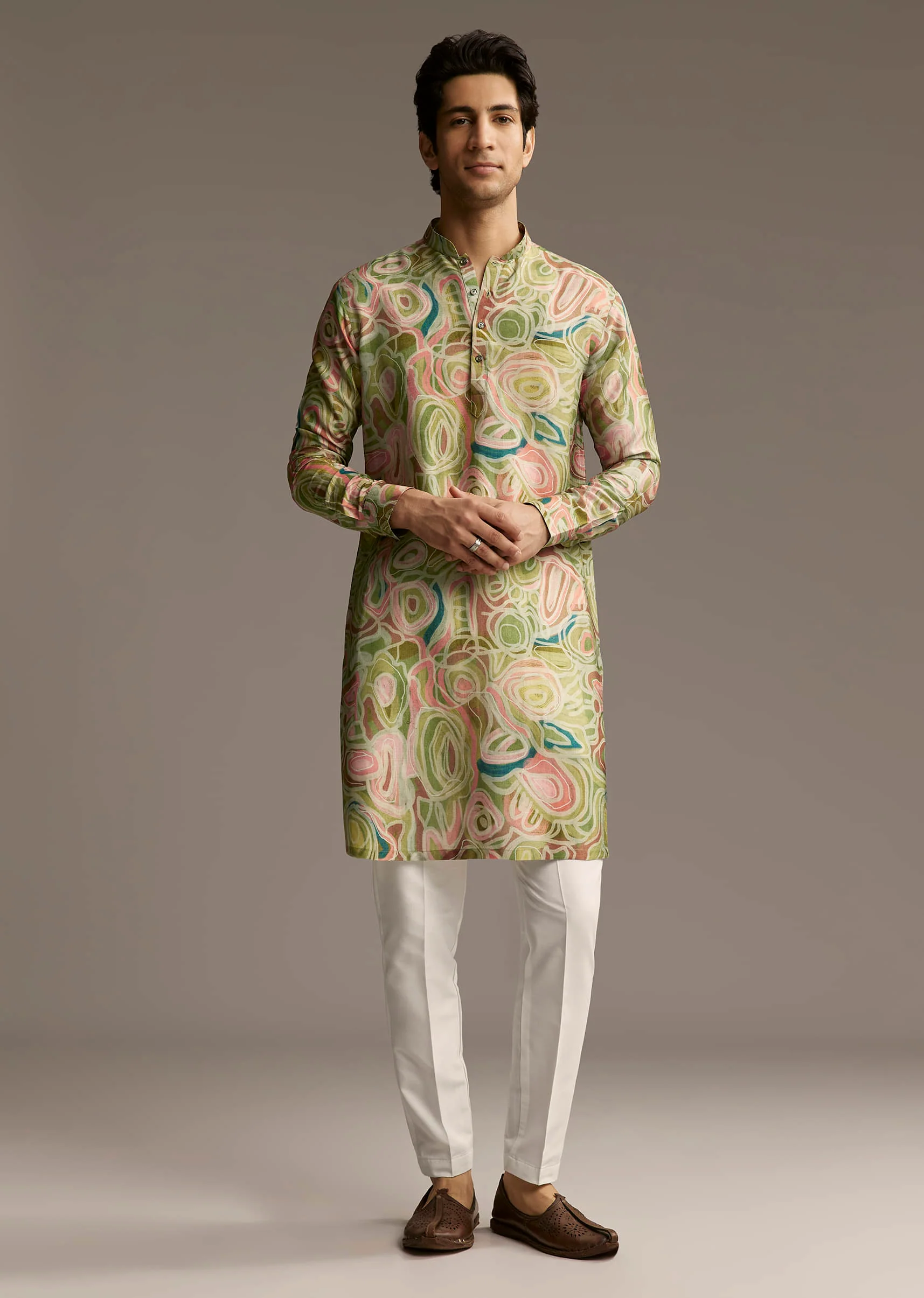 Green Silk Designer Kurta For Men With Abstract Print - Image 2