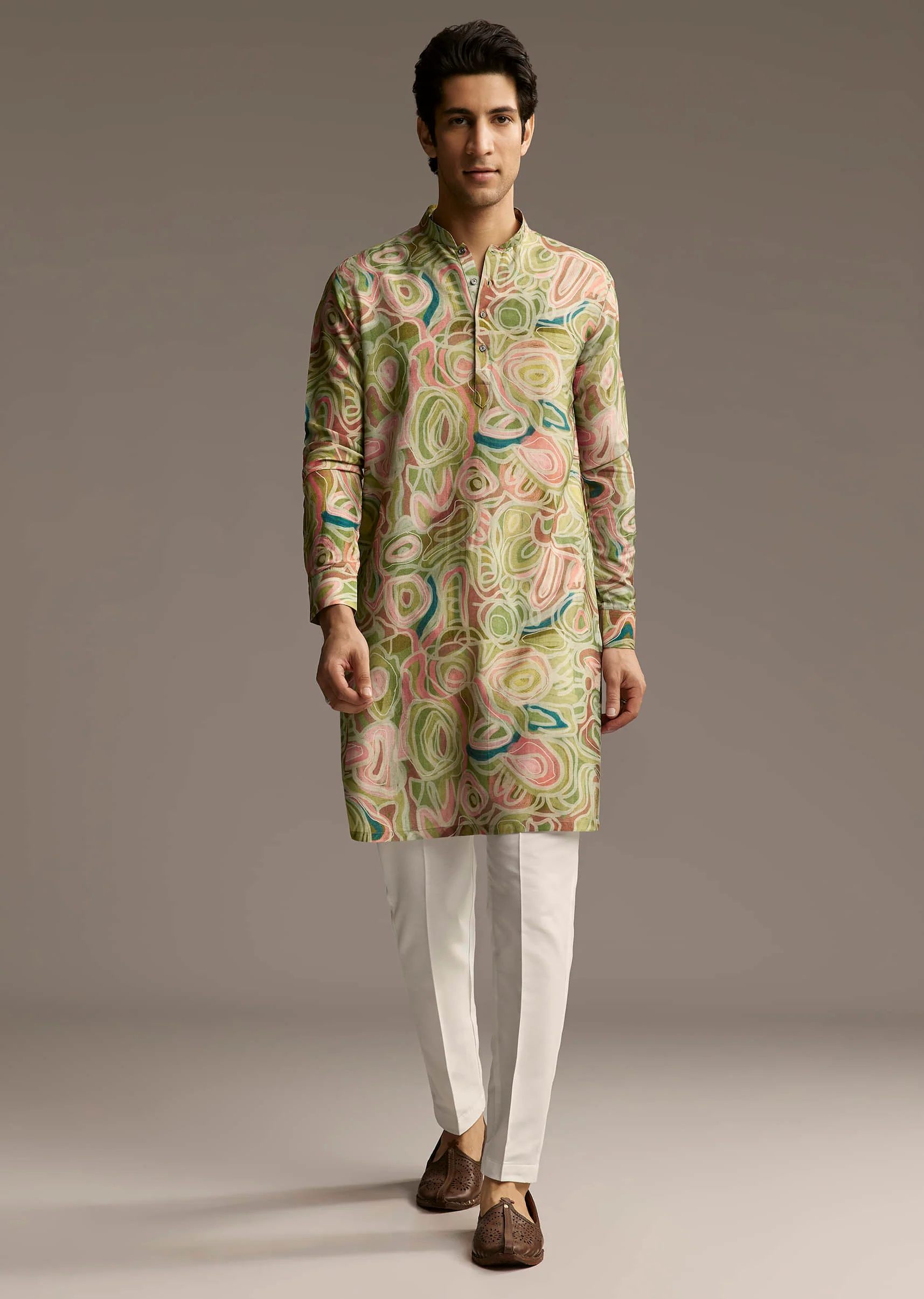 Green Silk Designer Kurta For Men With Abstract Print - Image 4