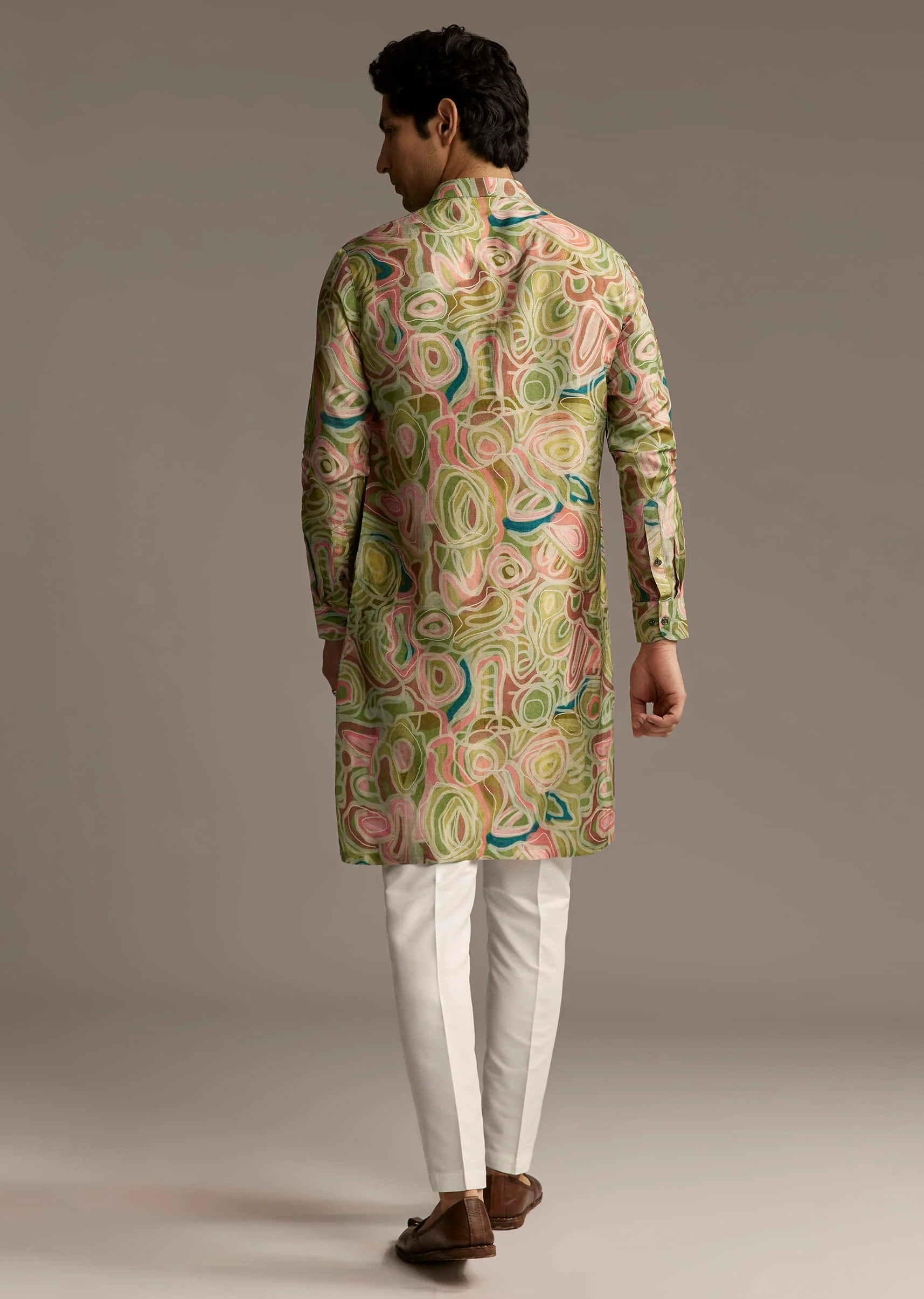 Green Silk Designer Kurta For Men With Abstract Print - Image 5
