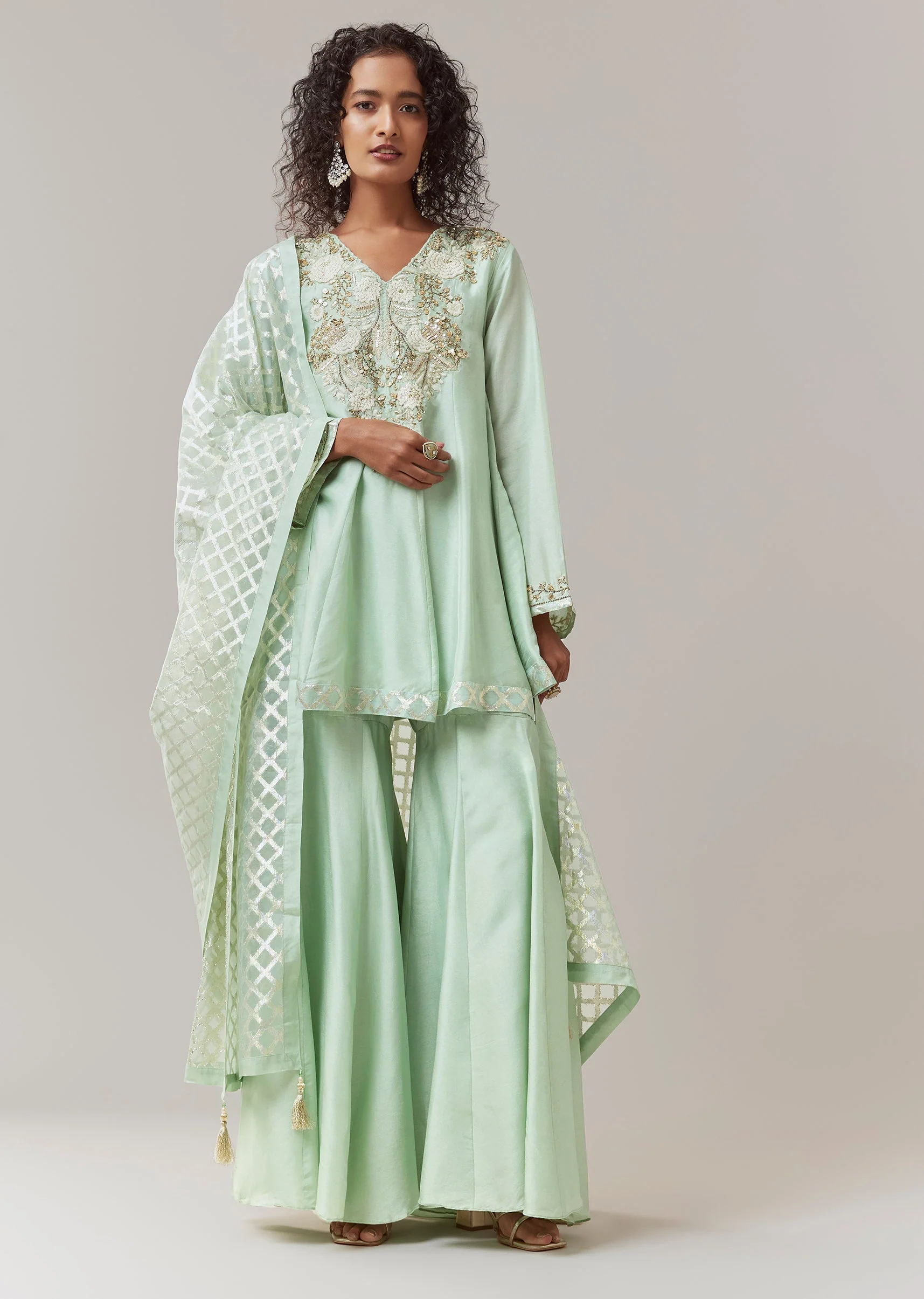 Green Silk Embroidered Kurta Sharara Set
