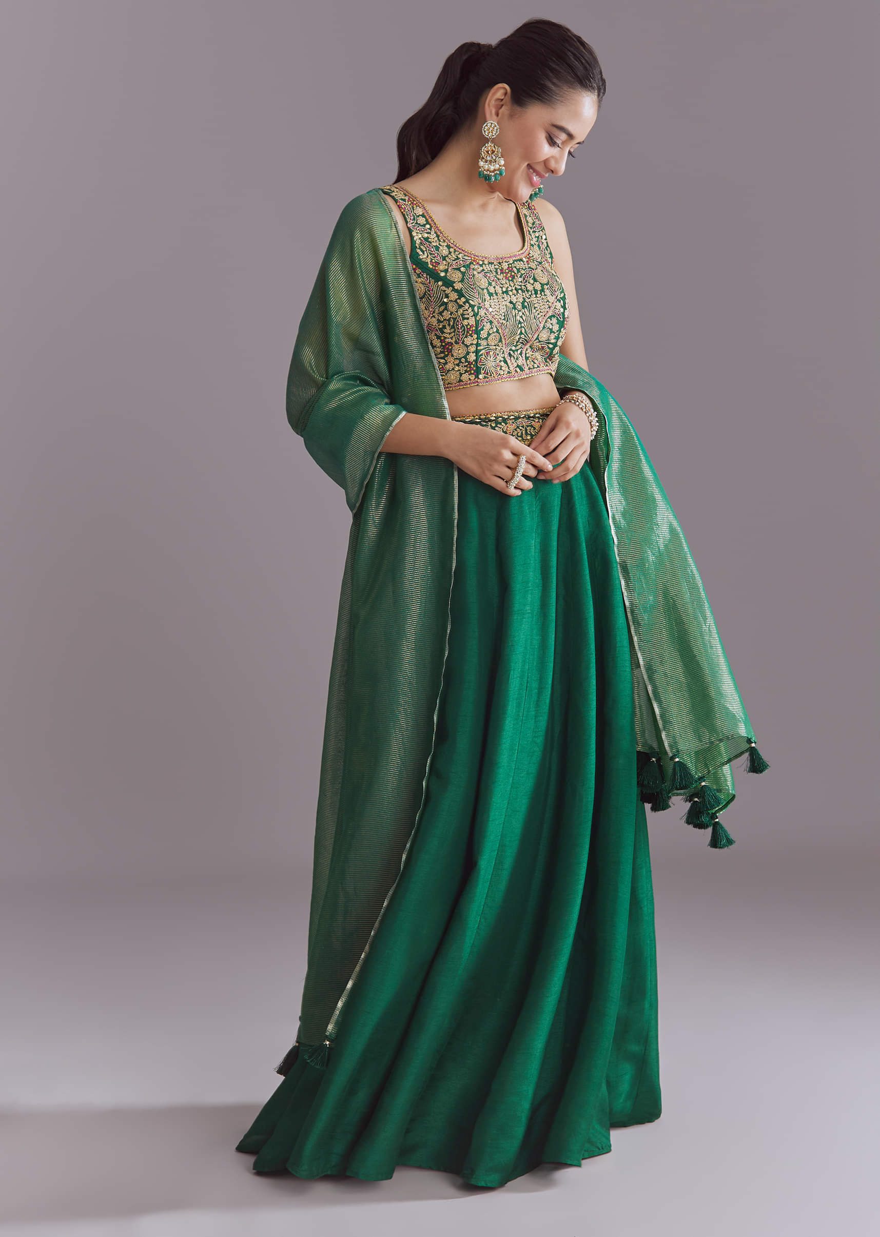 Green Silk Festive Lehenga With Zari Work - Image 6