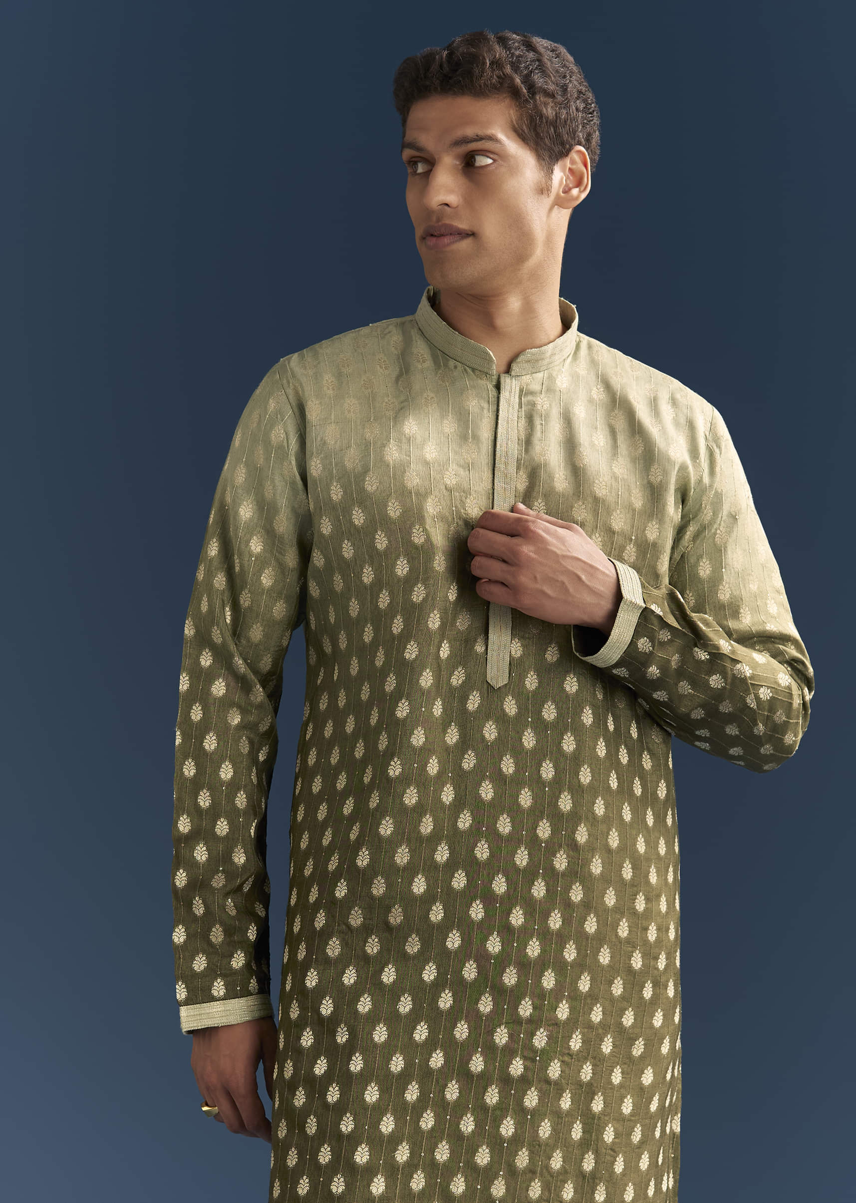 Green Silk Foil Kurta Set For Men With Sequins Embroidery - Image 4
