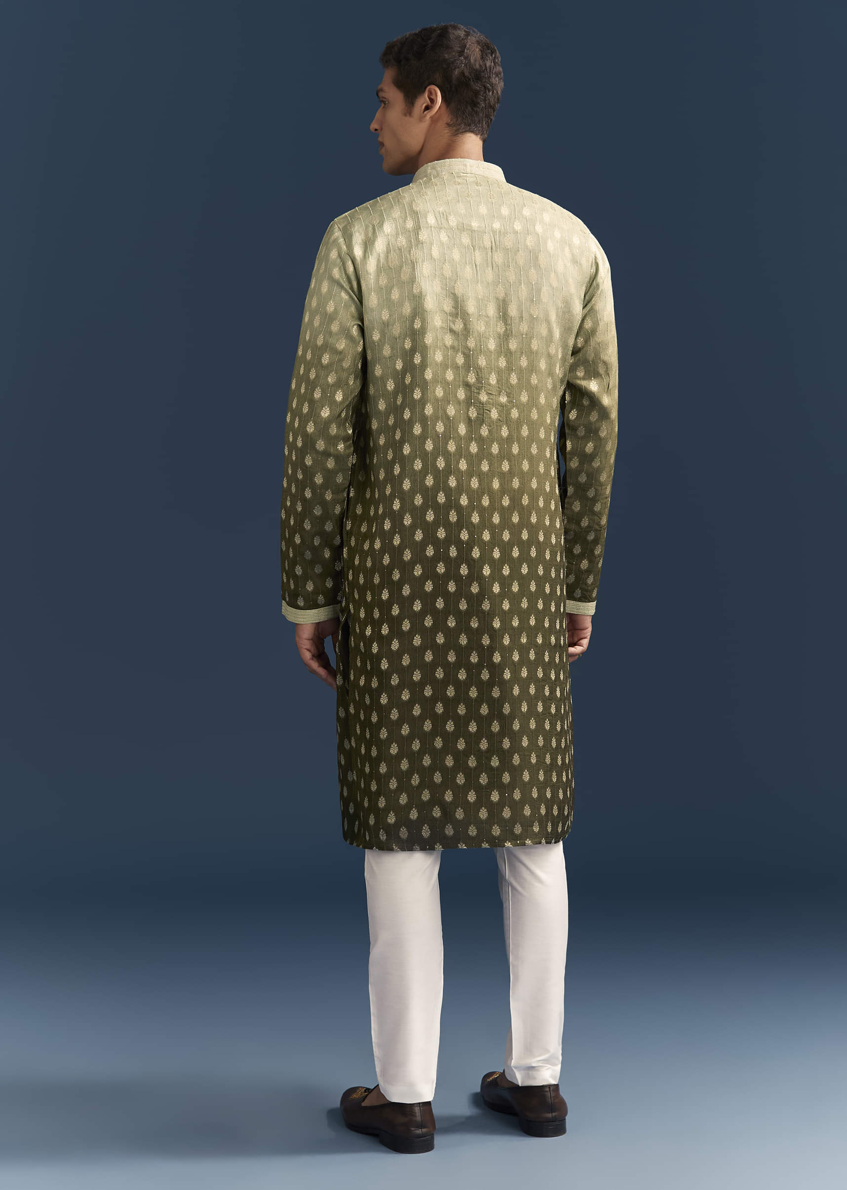 Green Silk Foil Kurta Set For Men With Sequins Embroidery - Image 5