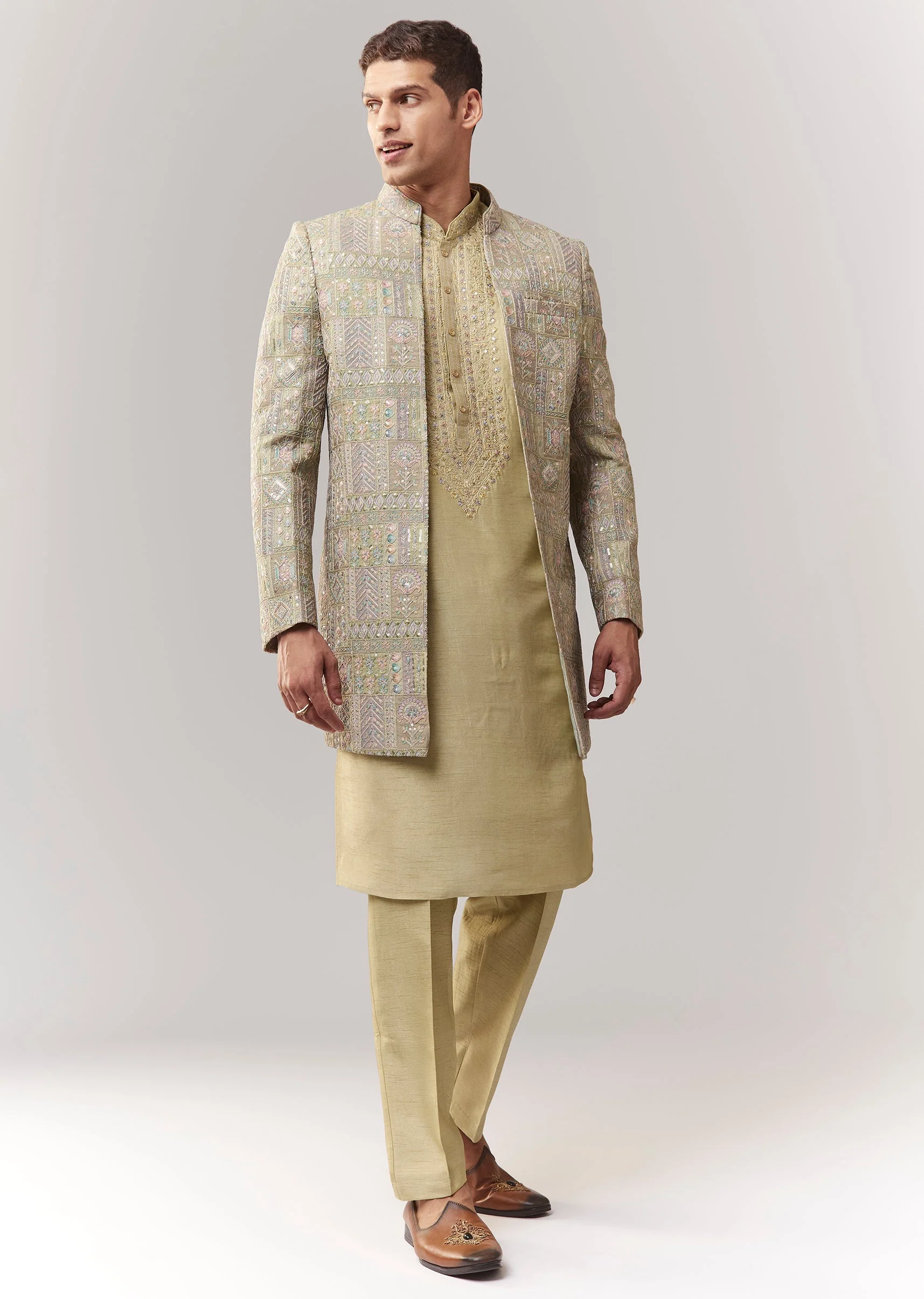 Green Silk Indo Western With Sequins And Resham Work