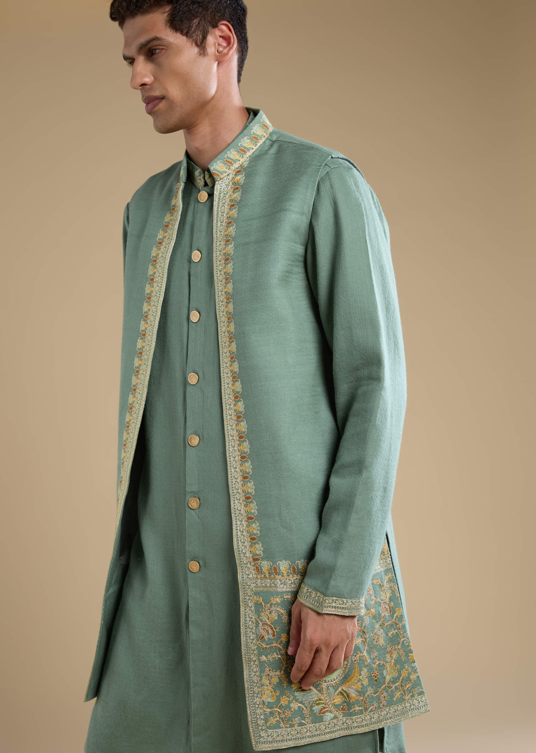 Green Silk Jacket Kurta Set with Resham Work - Image 2