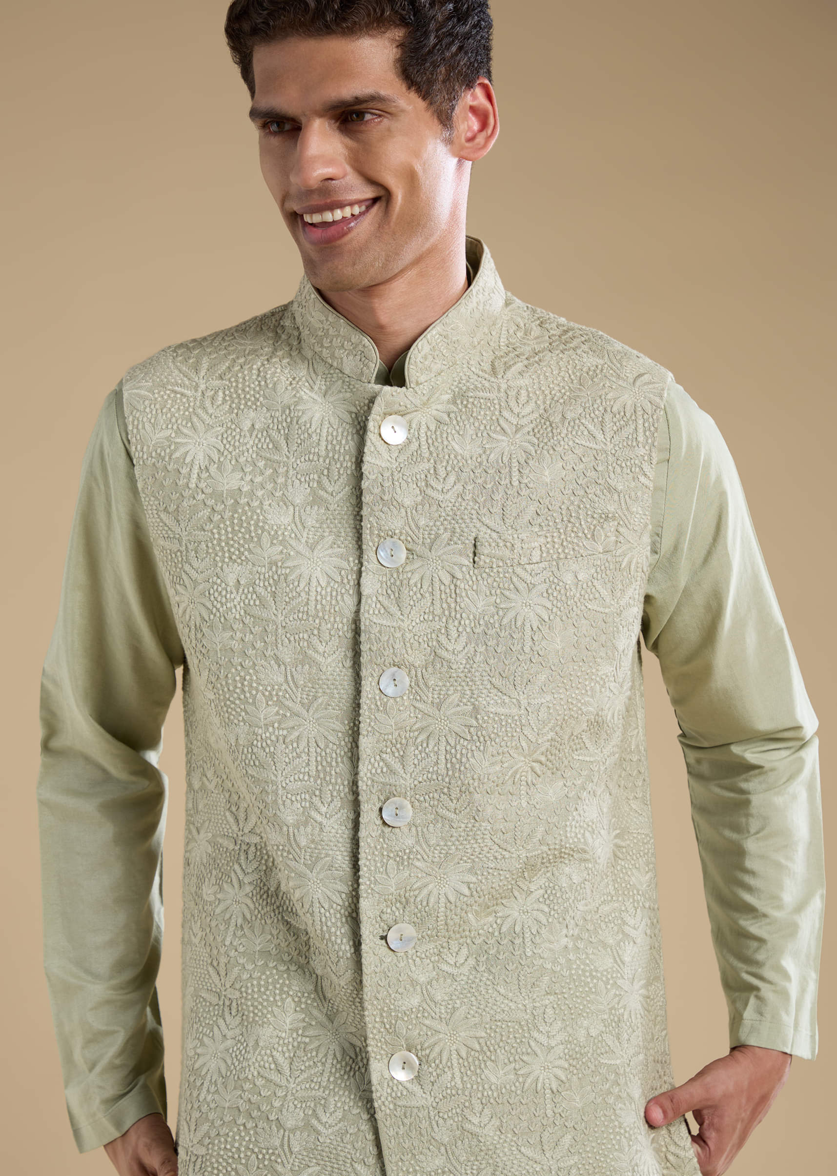 Green Silk Jacket Kurta Set with Thread Work - Image 2