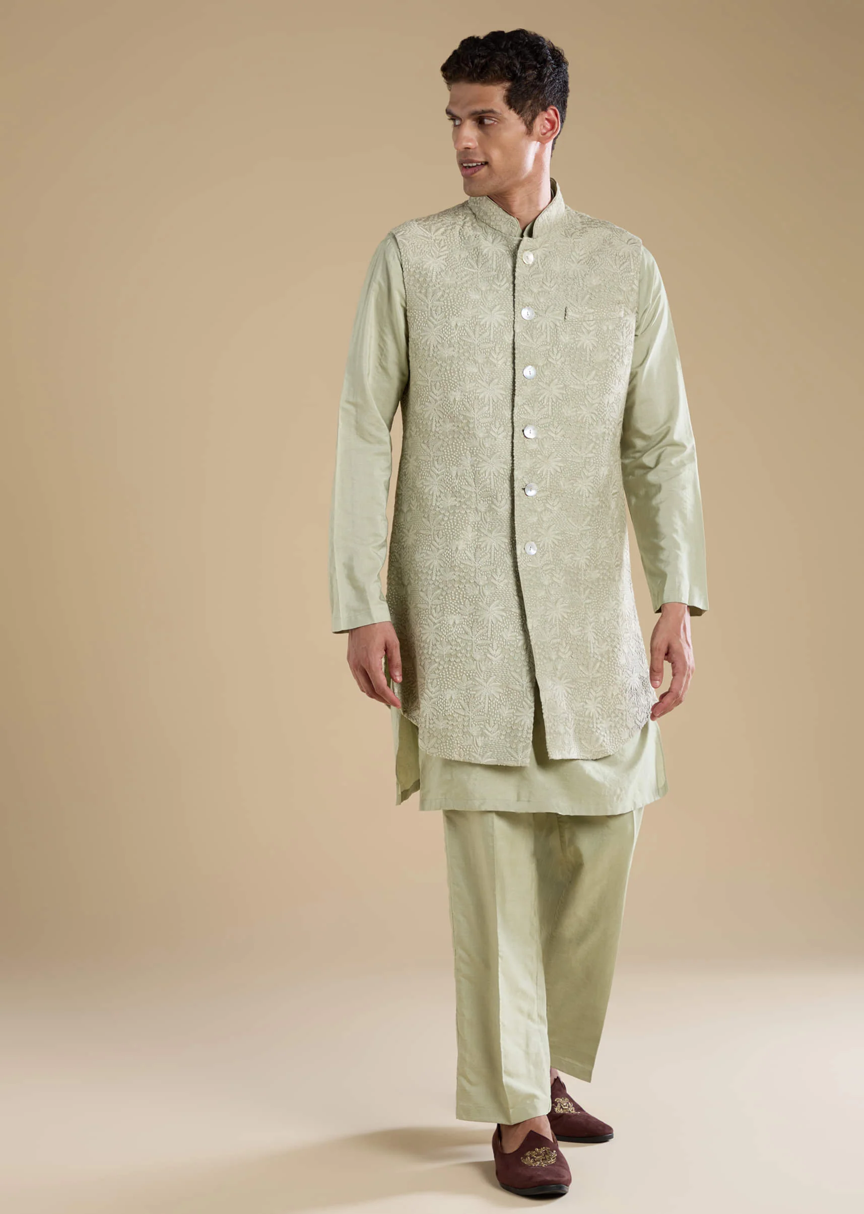Green Silk Jacket Kurta Set with Thread Work - Image 3