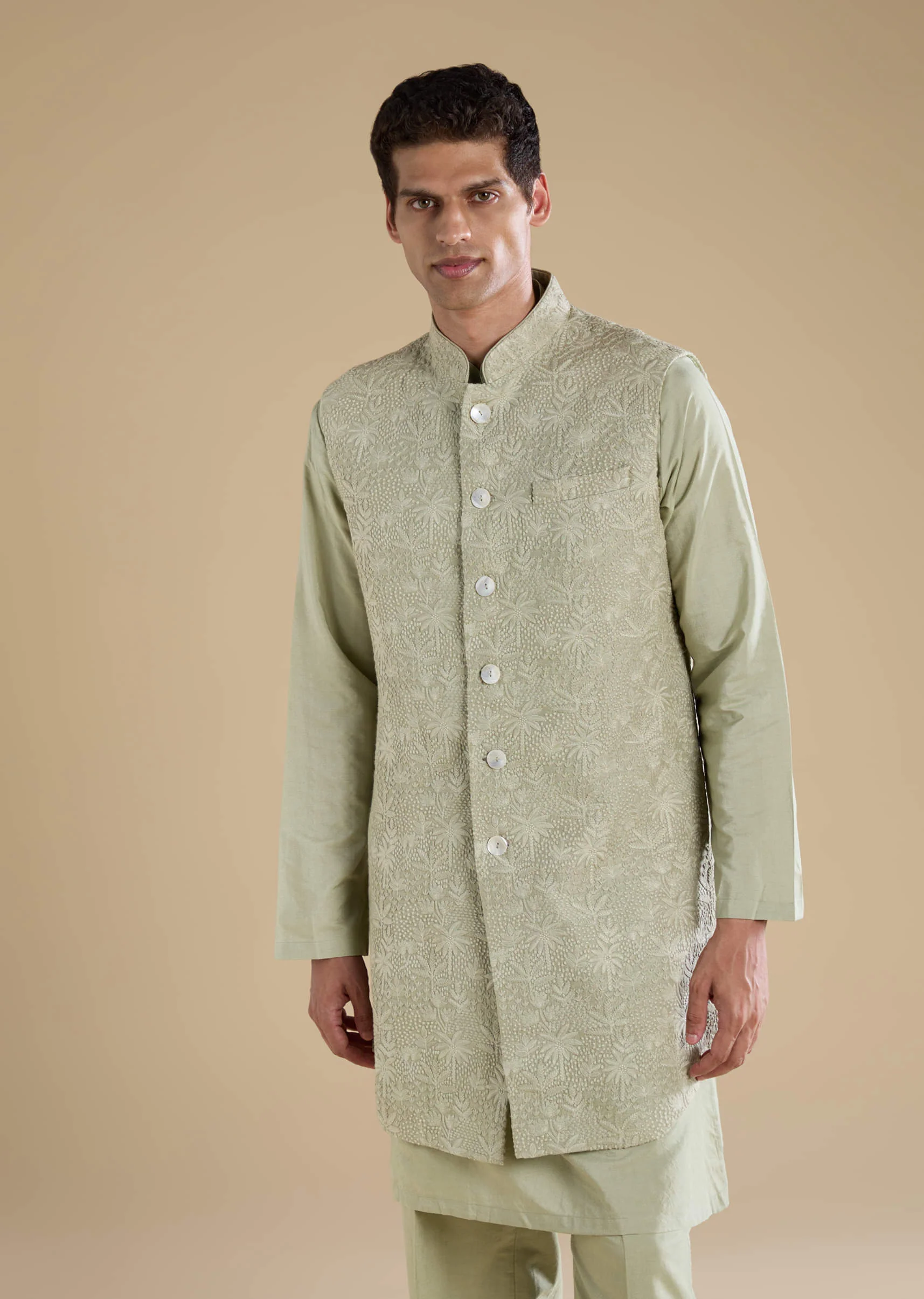 Green Silk Jacket Kurta Set with Thread Work - Image 4