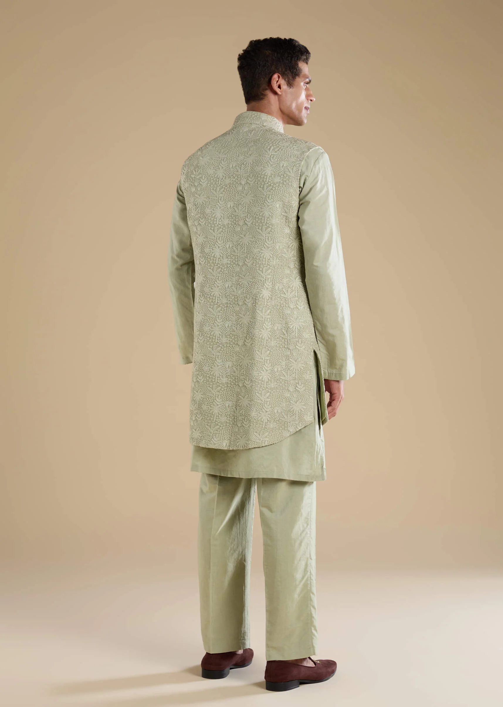 Green Silk Jacket Kurta Set with Thread Work - Image 5