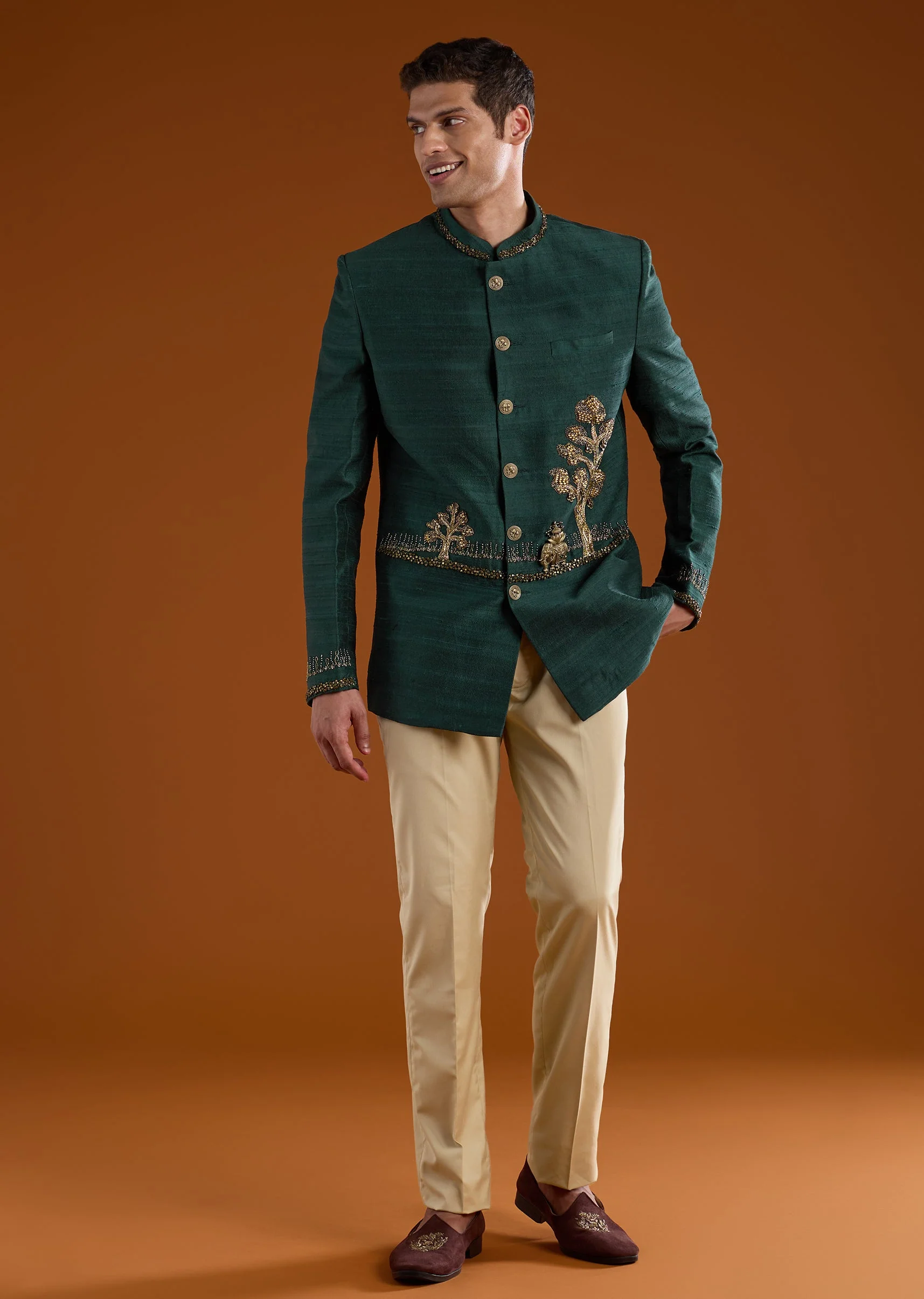 Green Silk Jodhpuri Set with Zari Embroidery - Image 3
