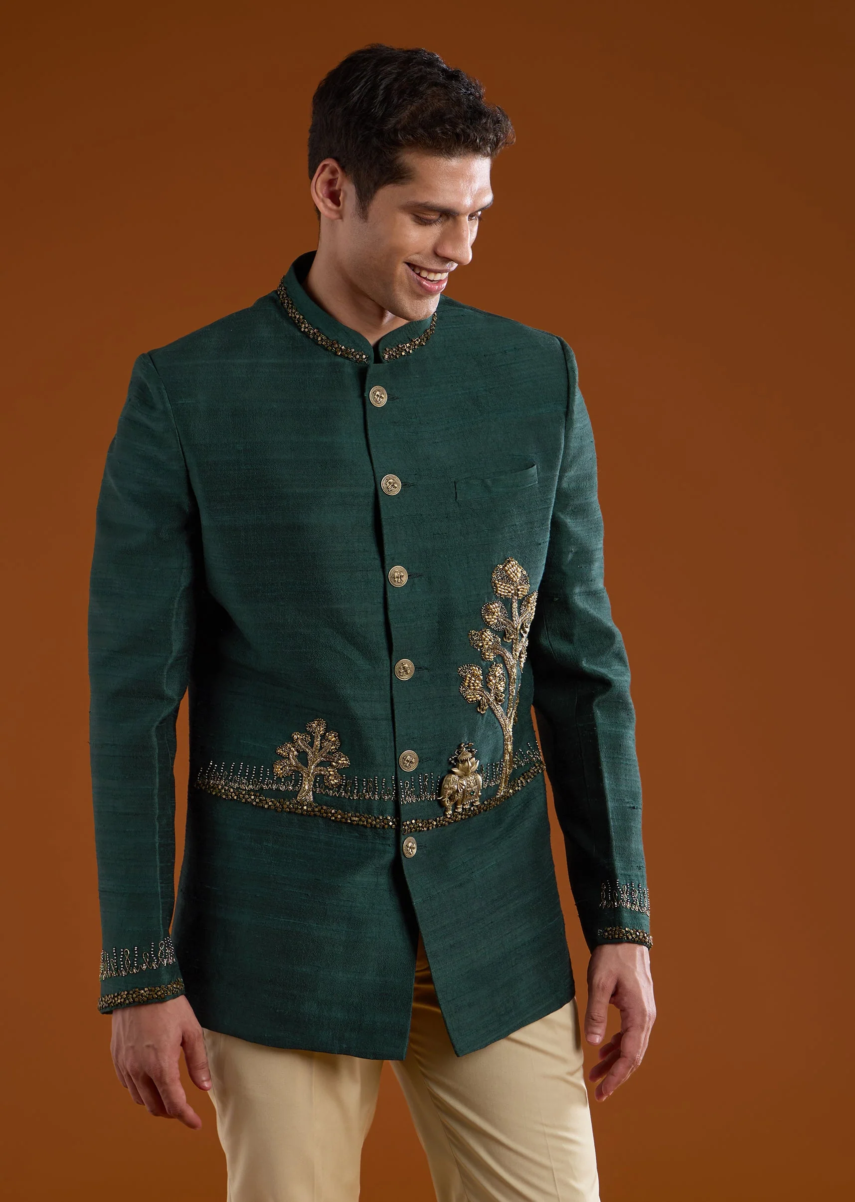 Green Silk Jodhpuri Set with Zari Embroidery - Image 4