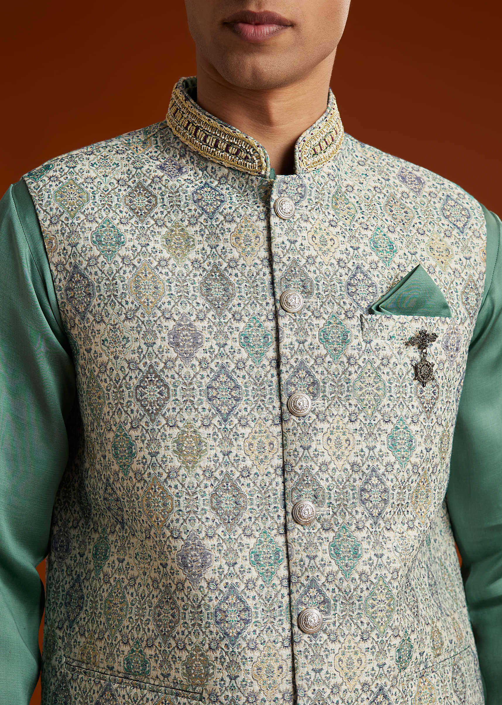 Green Silk Kurta Jacket Set For Men With Geometric Jaal Print - Image 2