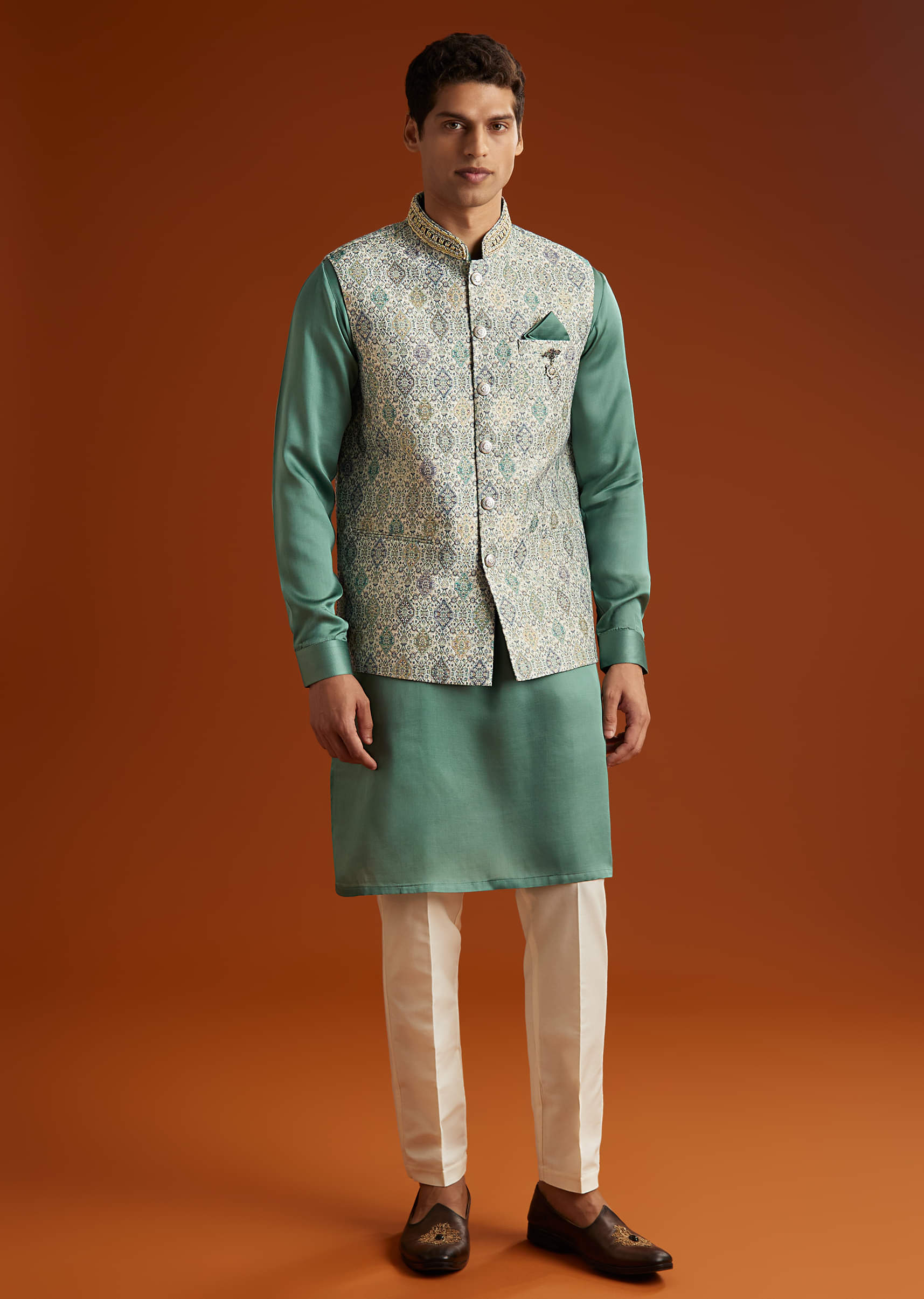 Green Silk Kurta Jacket Set For Men With Geometric Jaal Print - Image 3