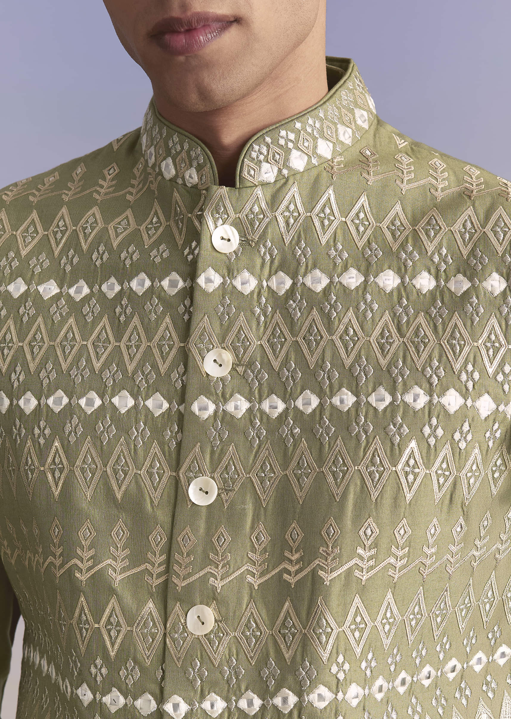 Green Silk Kurta Jacket Set For Men With Intricate Hand Embroidery - Image 2