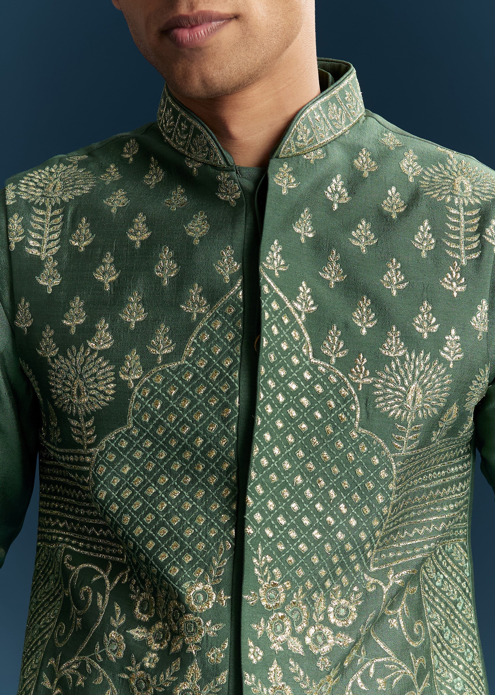 Green Silk Kurta Jacket Set With Thread Detail Work - Image 2