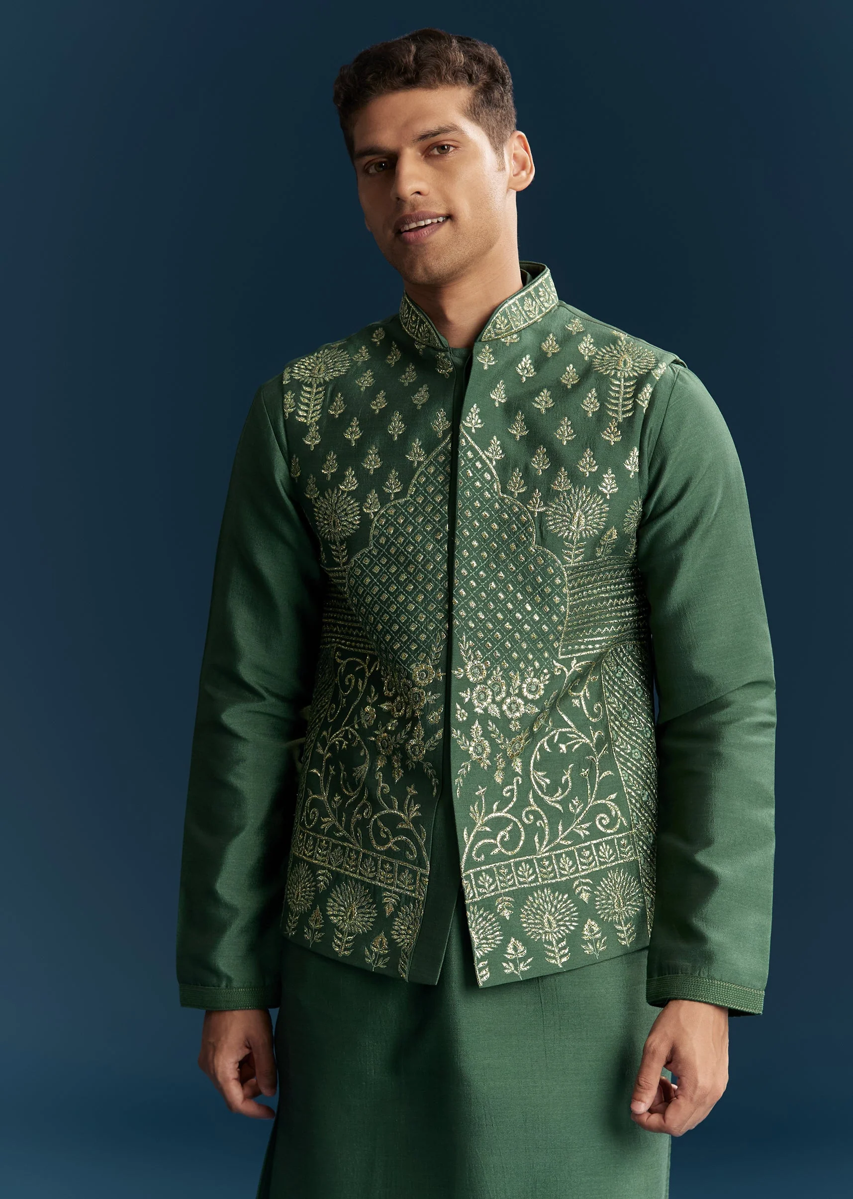 Green Silk Kurta Jacket Set With Thread Detail Work - Image 4