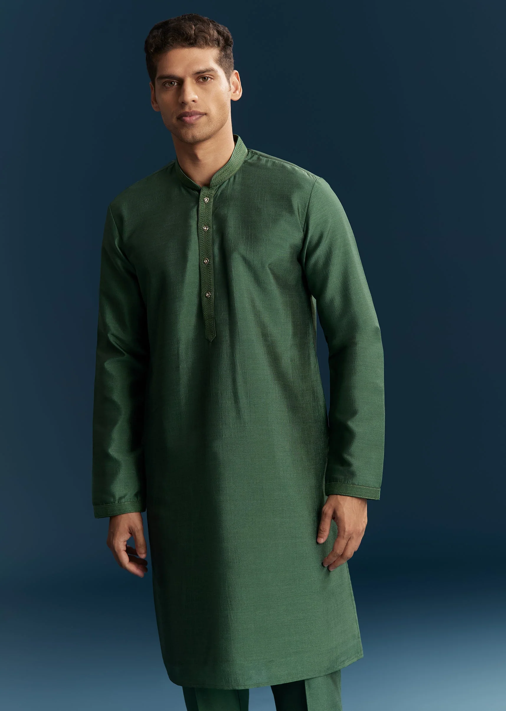 Green Silk Kurta Jacket Set With Thread Detail Work - Image 6