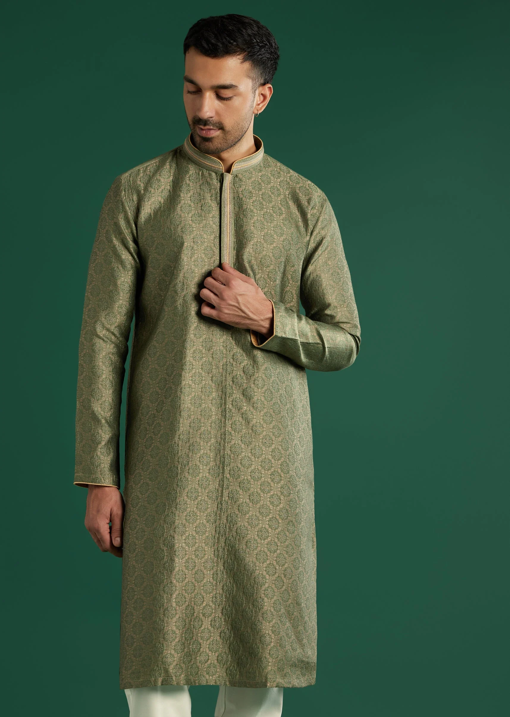 Green Silk Kurta Set For Men With Brocade Work - Image 4